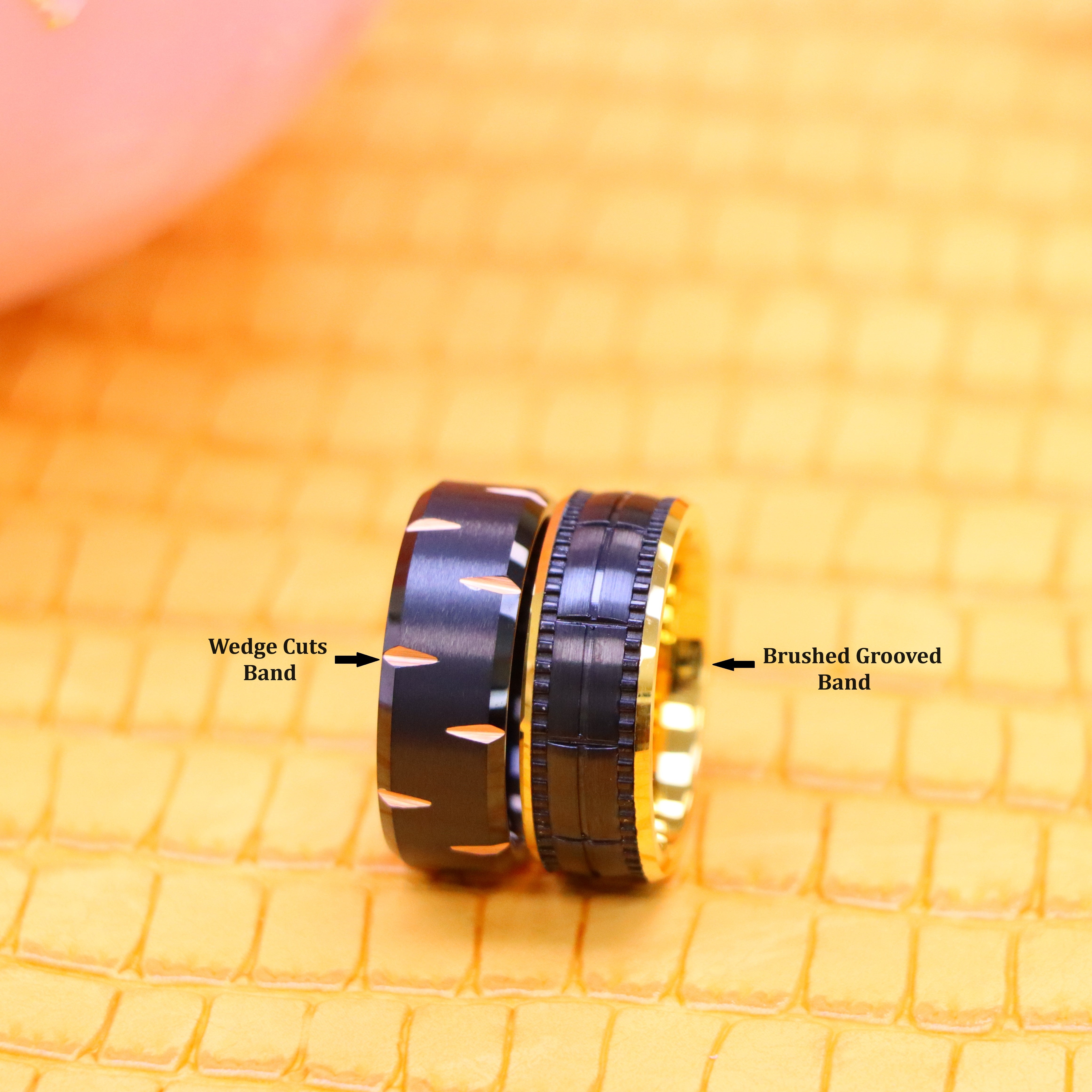 8mm Black IP with Rose IP Alternating Wedge Cuts Tungsten Ring Yellow IP Inside &amp; Black IP Outside Brushed Grooved Tungsten Ring