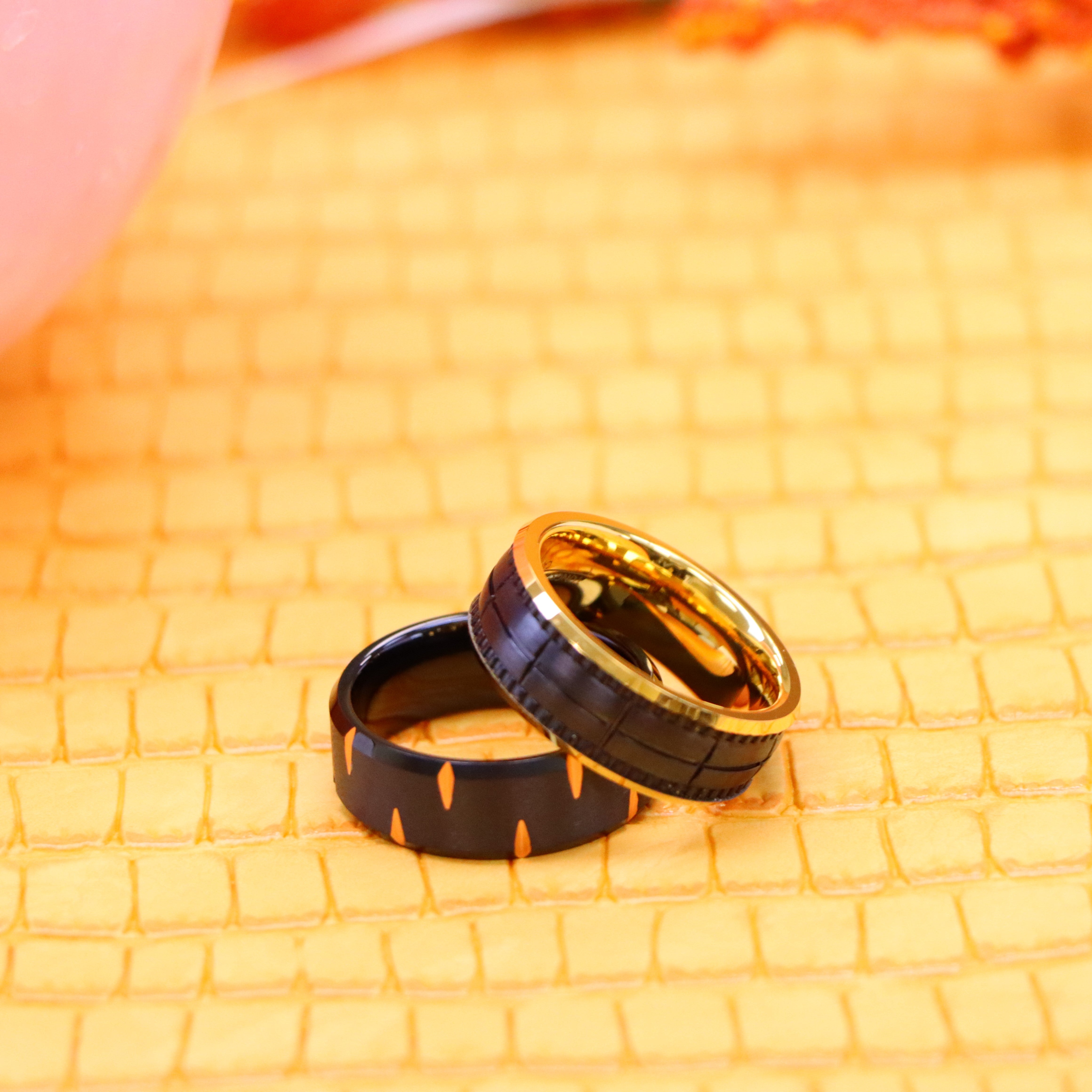 8mm Black IP with Rose IP Alternating Wedge Cuts Tungsten Ring Yellow IP Inside &amp; Black IP Outside Brushed Grooved Tungsten Ring