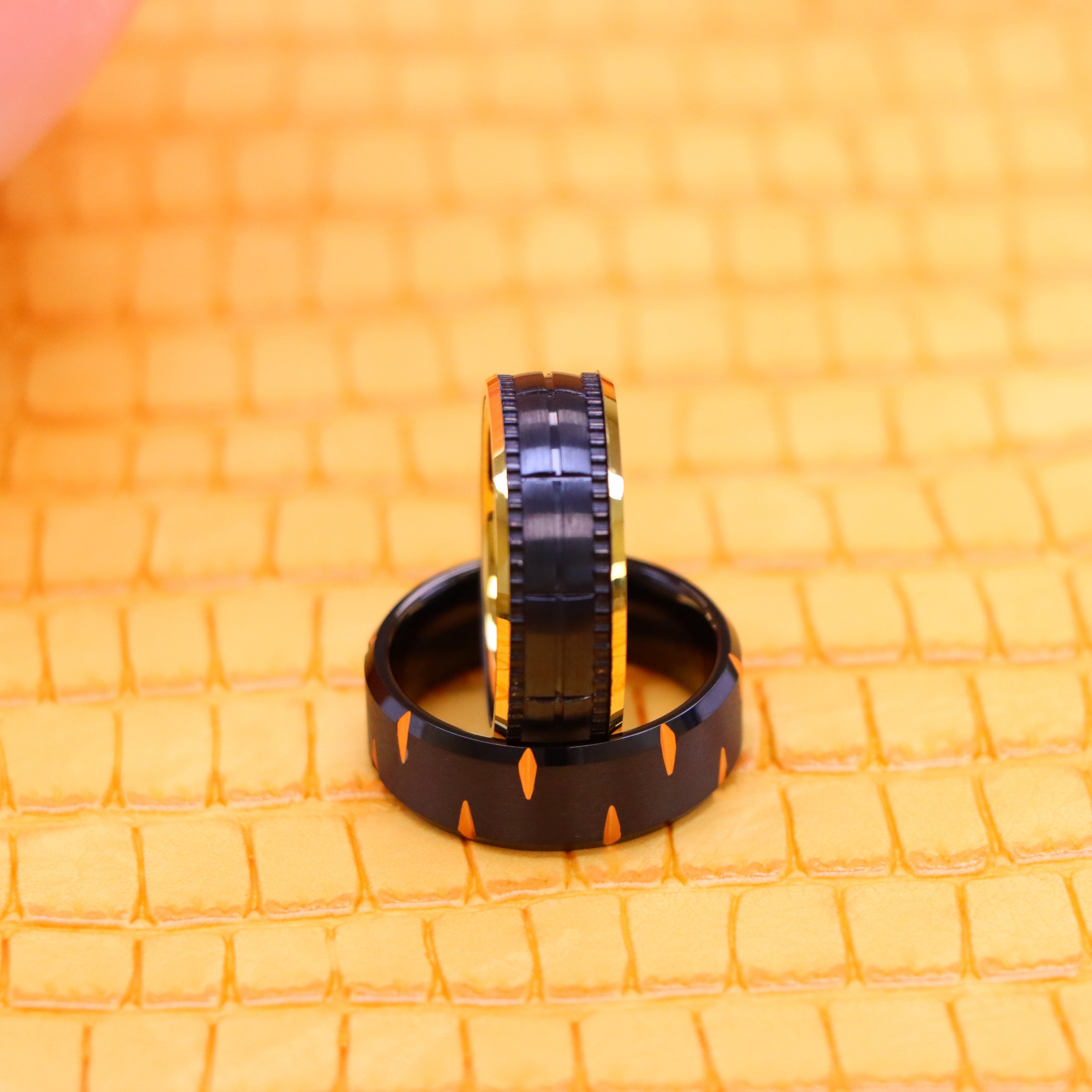 8mm Black IP with Rose IP Alternating Wedge Cuts Tungsten Ring Yellow IP Inside &amp; Black IP Outside Brushed Grooved Tungsten Ring