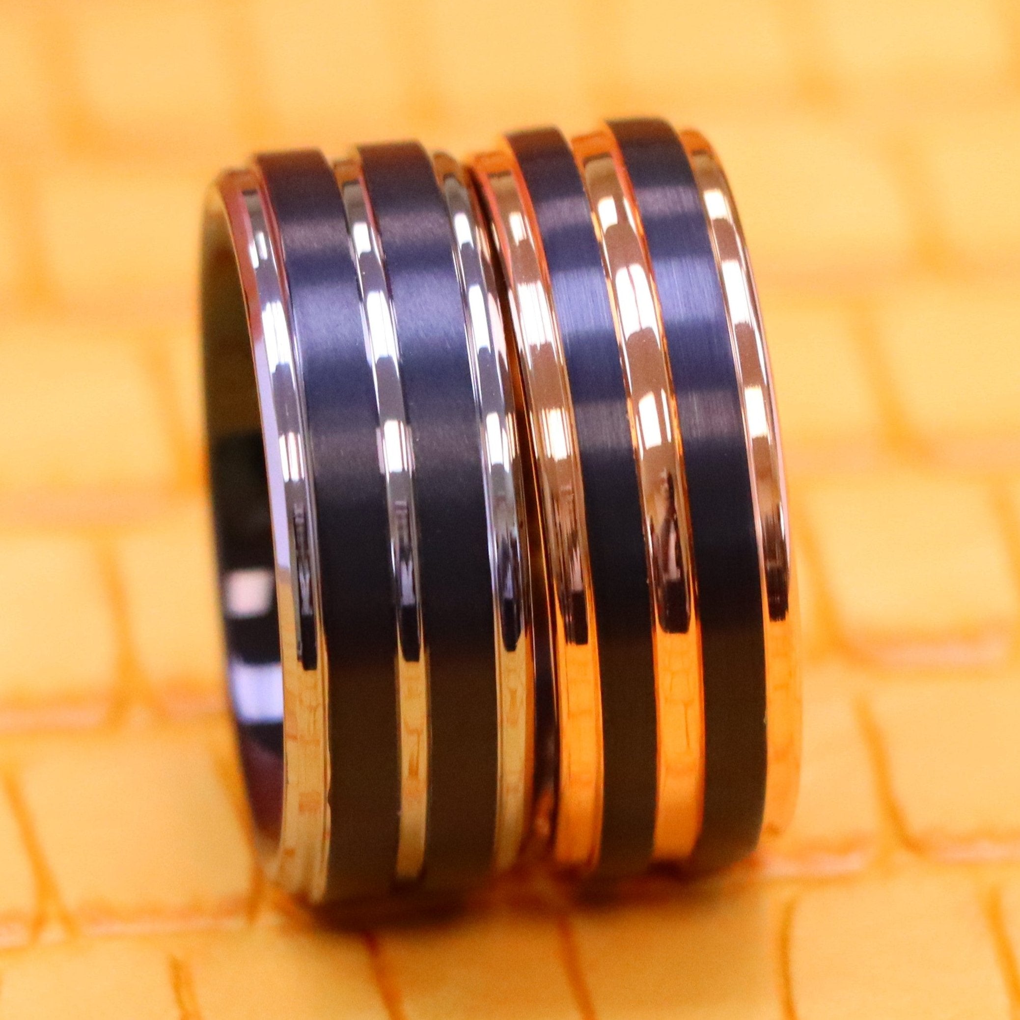 8mm Pinstripe Black/Rose Gold &amp; Gun Metal IP Plated Beveled Edge Tungsten Ring