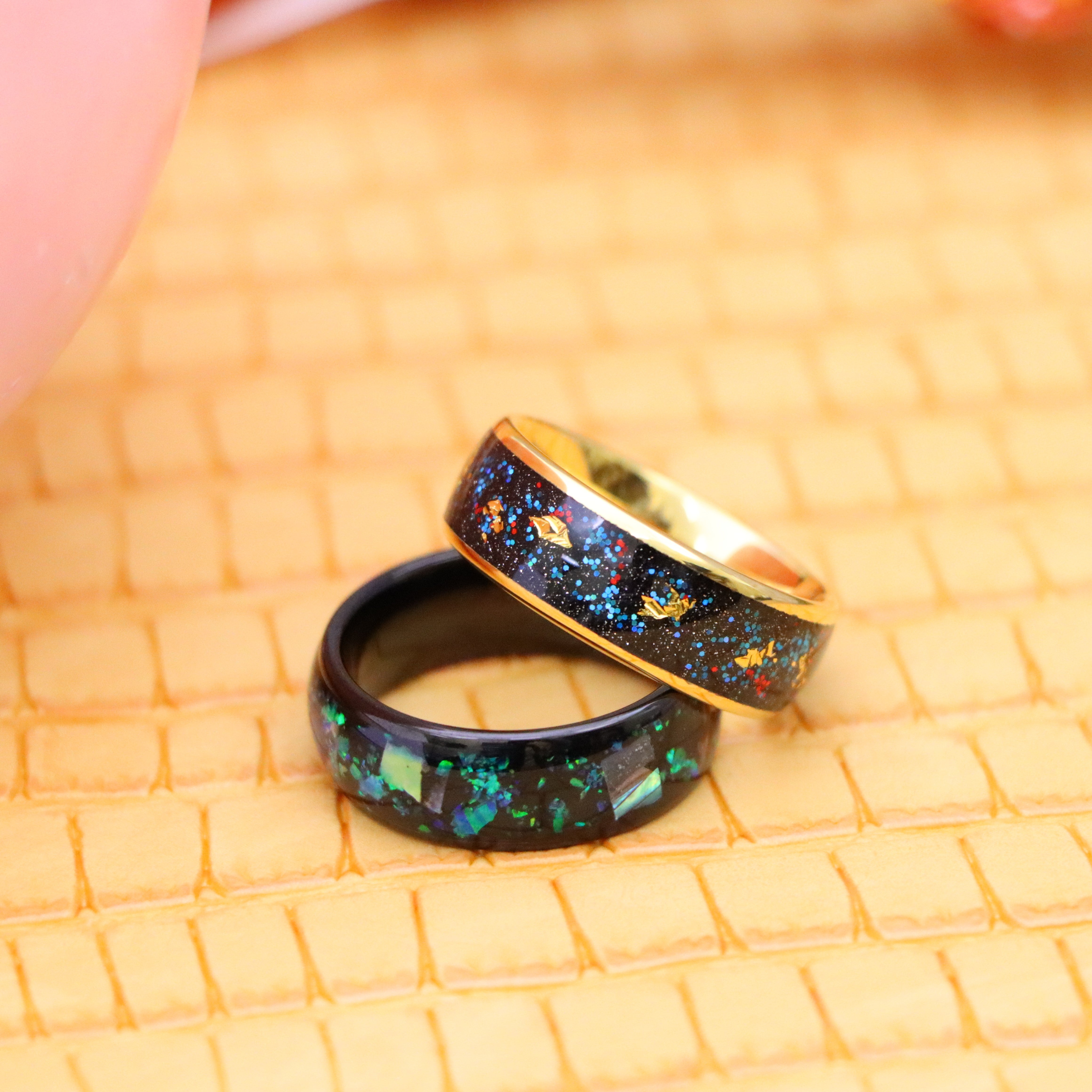 8mm Dome Black IP/Gold Plated with Synthetic Opal &amp; Abalone Fragments Inlay/Blue Green Glitter &amp; Gold Foil Inlay Tungsten Ring - Men's Jewelry