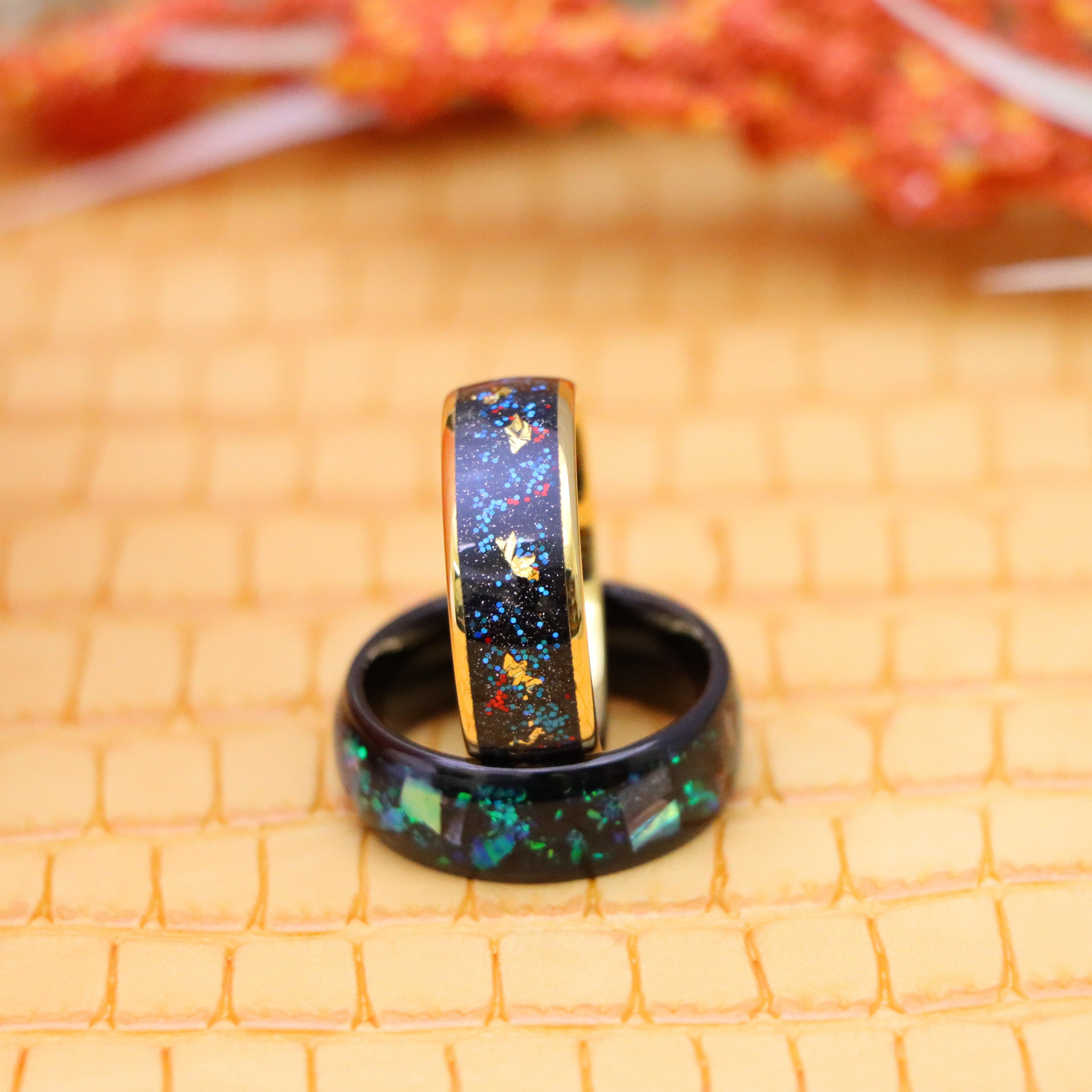 8mm Dome Black IP/Gold Plated with Synthetic Opal &amp; Abalone Fragments Inlay/Blue Green Glitter &amp; Gold Foil Inlay Tungsten Ring - Men's Jewelry