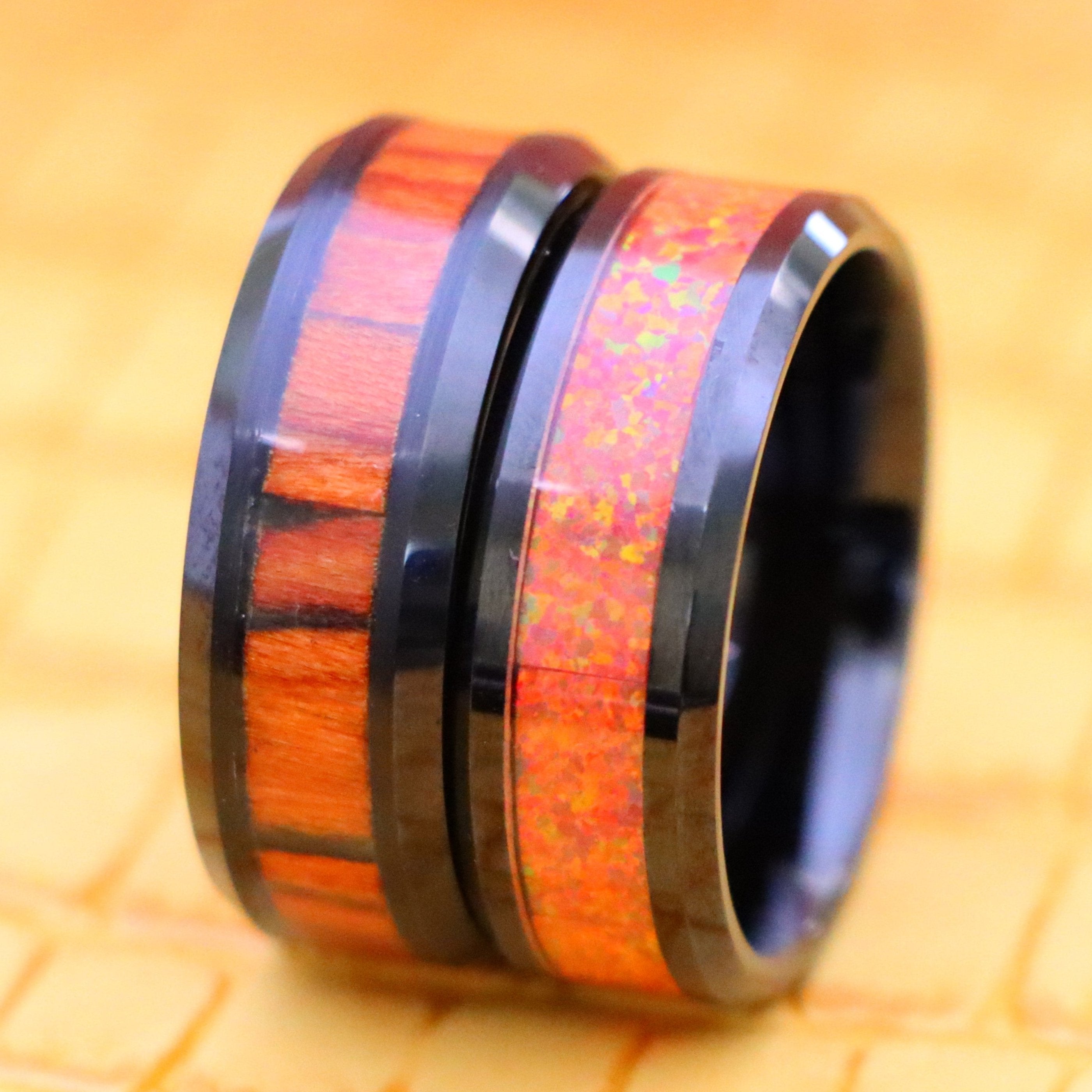 8mm Black IP Plated Tungsten Ring with Synthetic Orange Opal/Dark Mahogany Wood Inlay