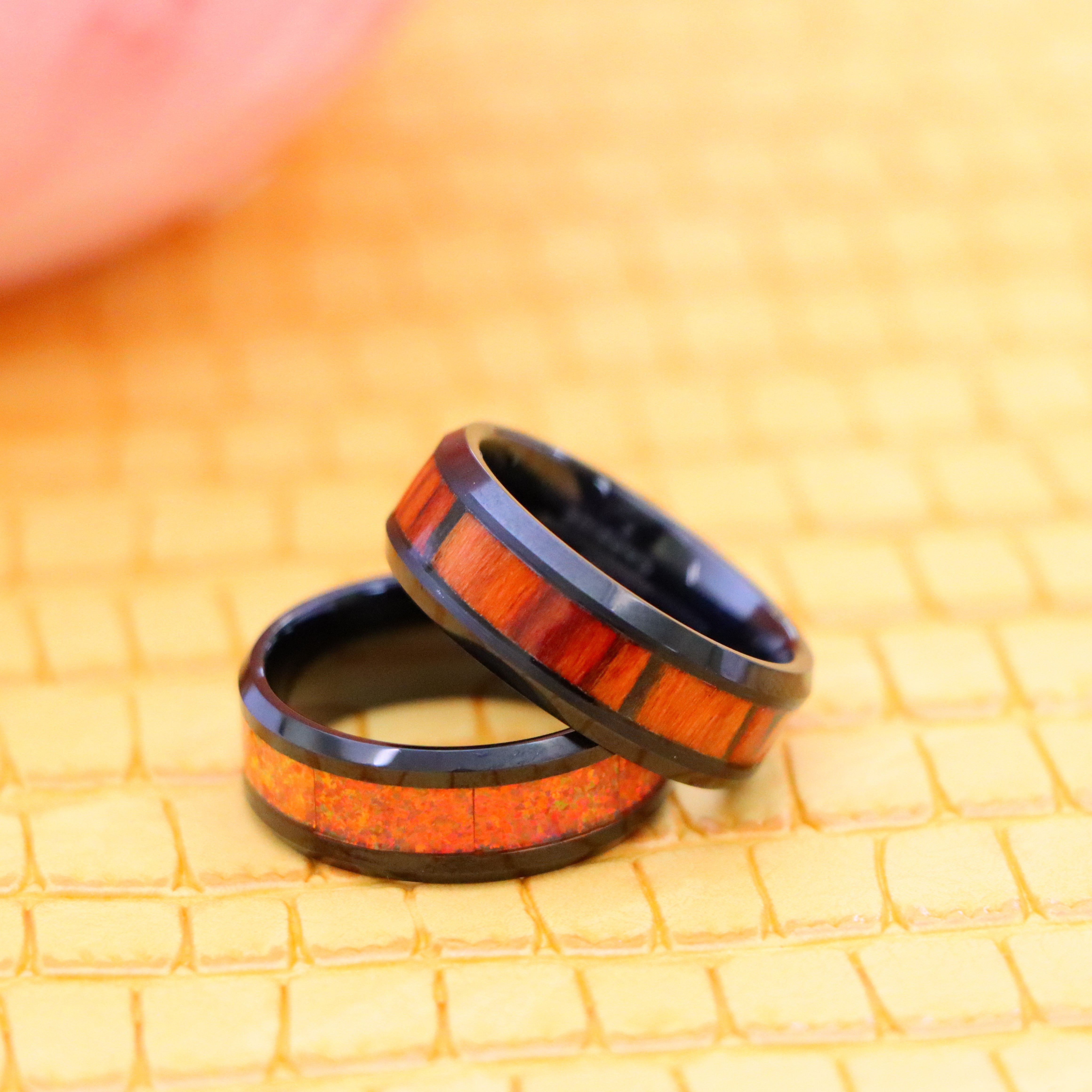 8mm Black IP Plated Tungsten Ring with Synthetic Orange Opal/Dark Mahogany Wood Inlay