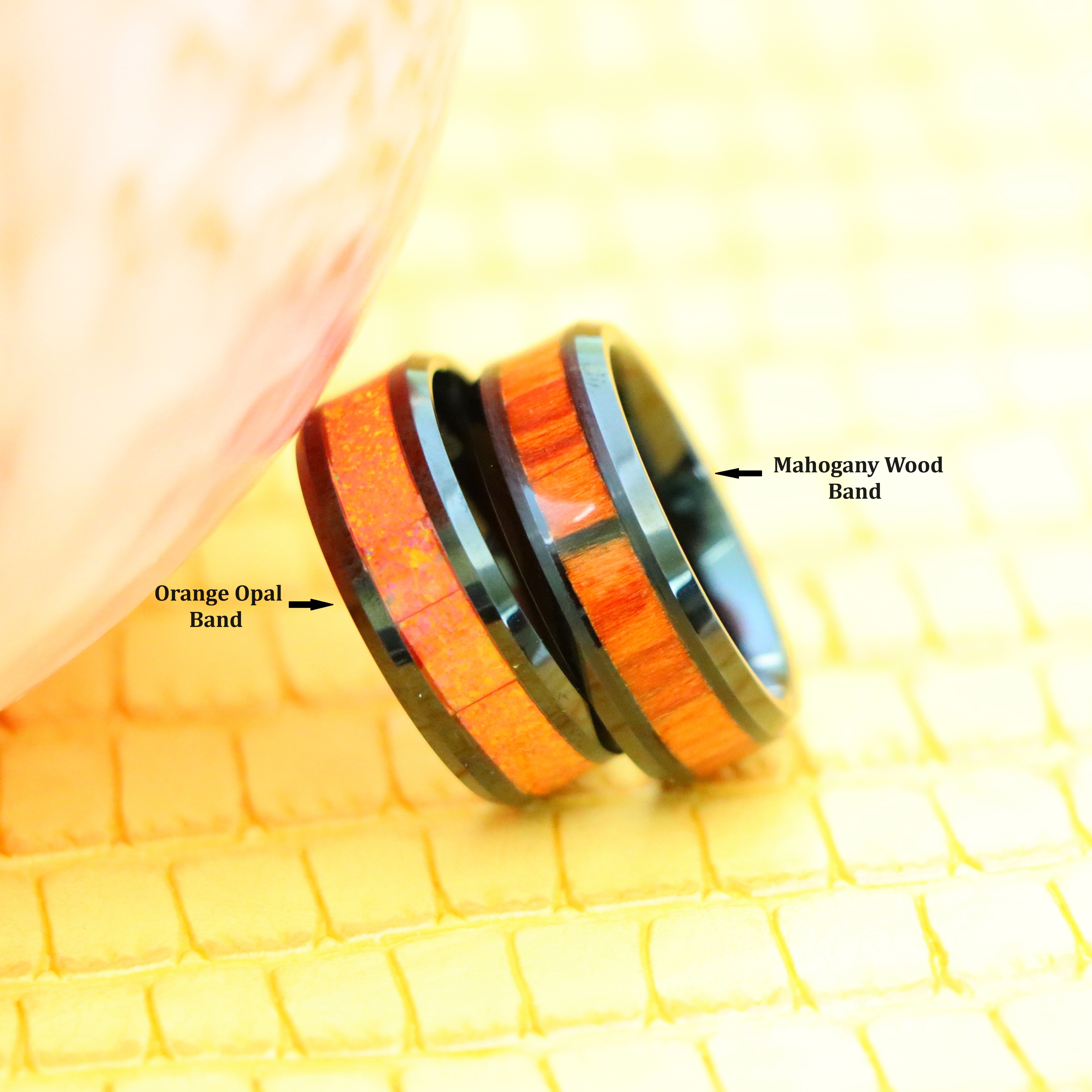 8mm Black IP Plated Tungsten Ring with Synthetic Orange Opal/Dark Mahogany Wood Inlay