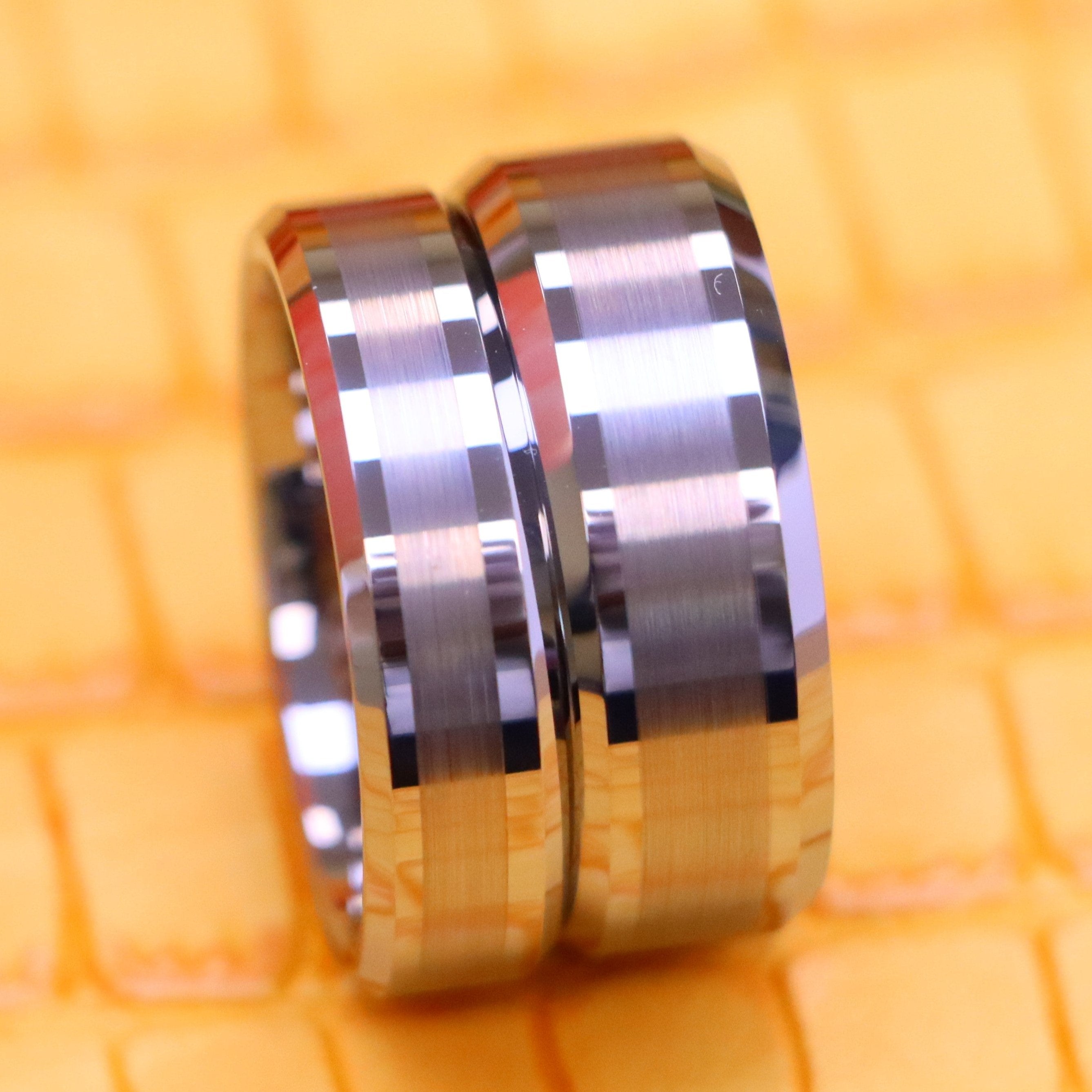 Brushed Center Shiny Lines Beveled Edge Tungsten Ring