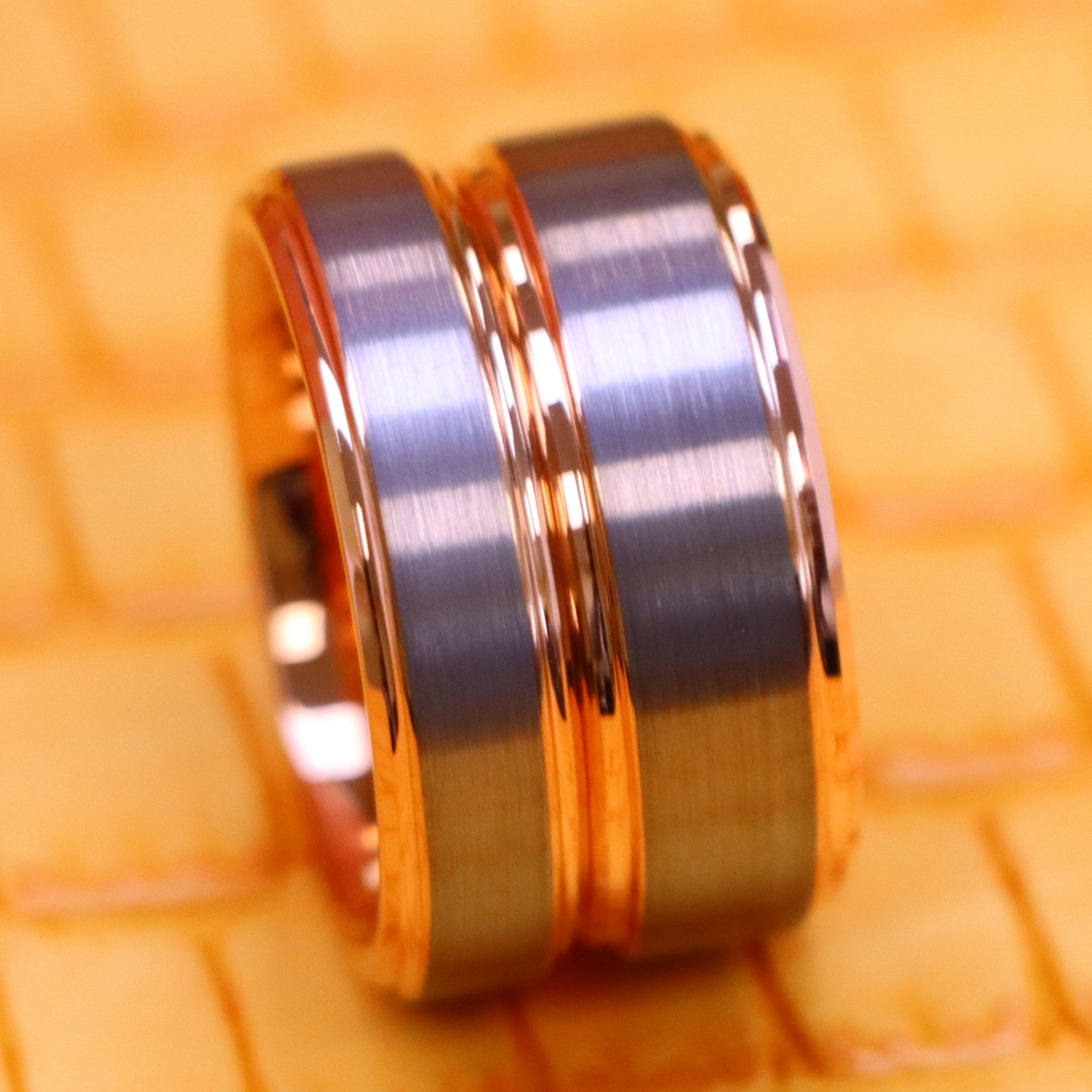 Two-tone Rose Gold IP Plated Beveled Edge &amp; Brushed Finish Tungsten Ring