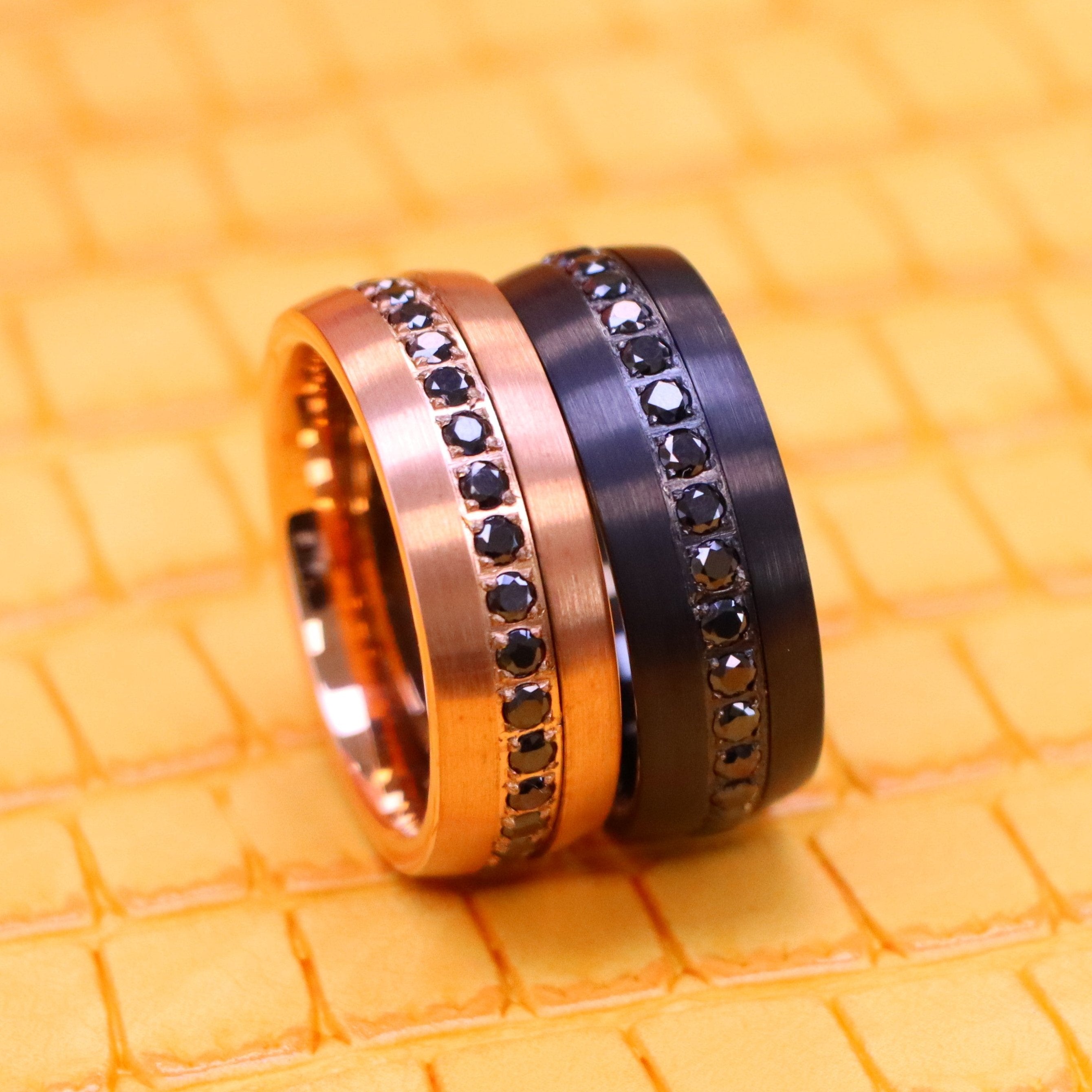 8mm Domed Black IP/Rose Gold IP Plated Black CZ Eternity Tungsten Ring - Men's Tungsten Jewelry