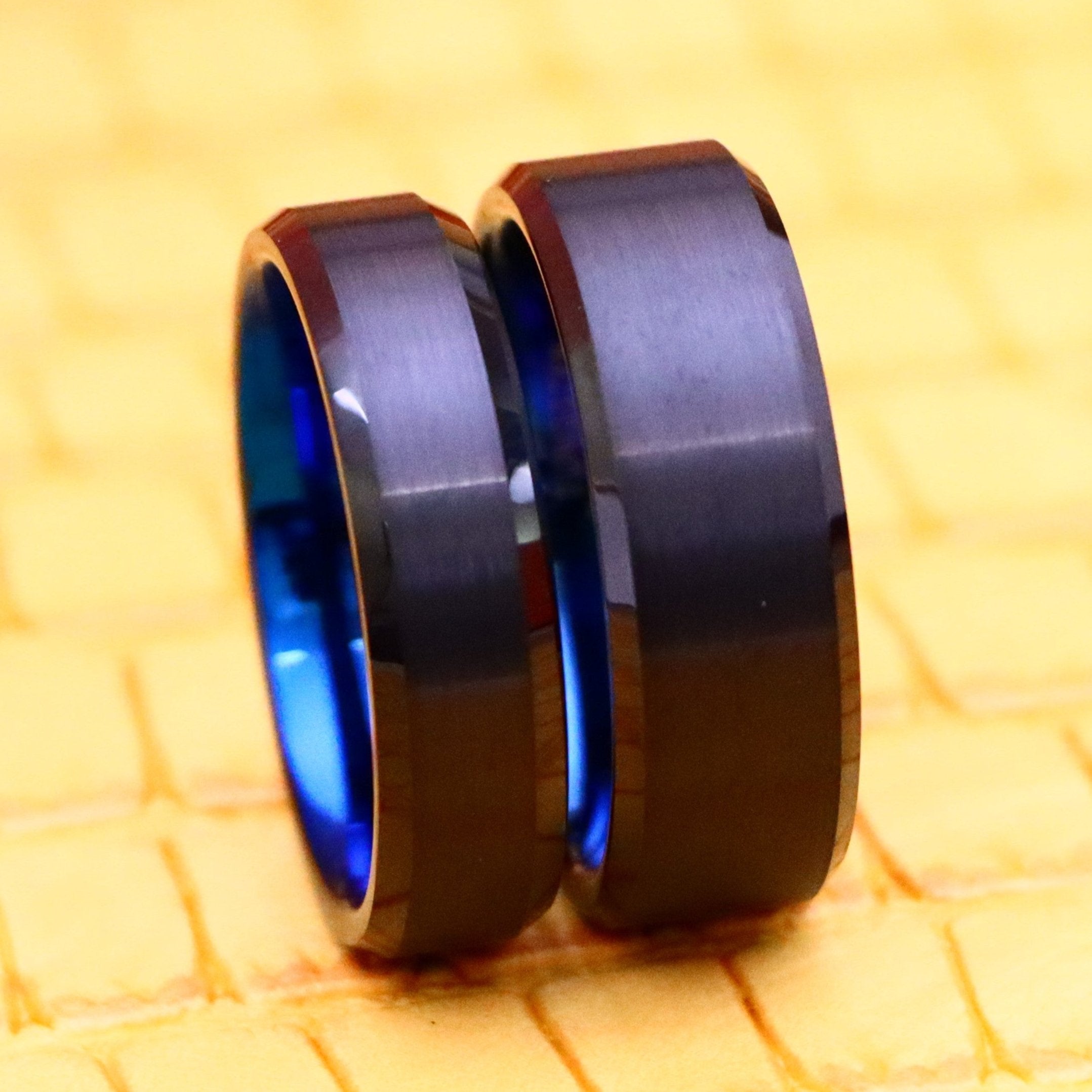 Black Outside Blue Inside IP Plated Tungsten Ring with Brushed Center and Beveled Edge