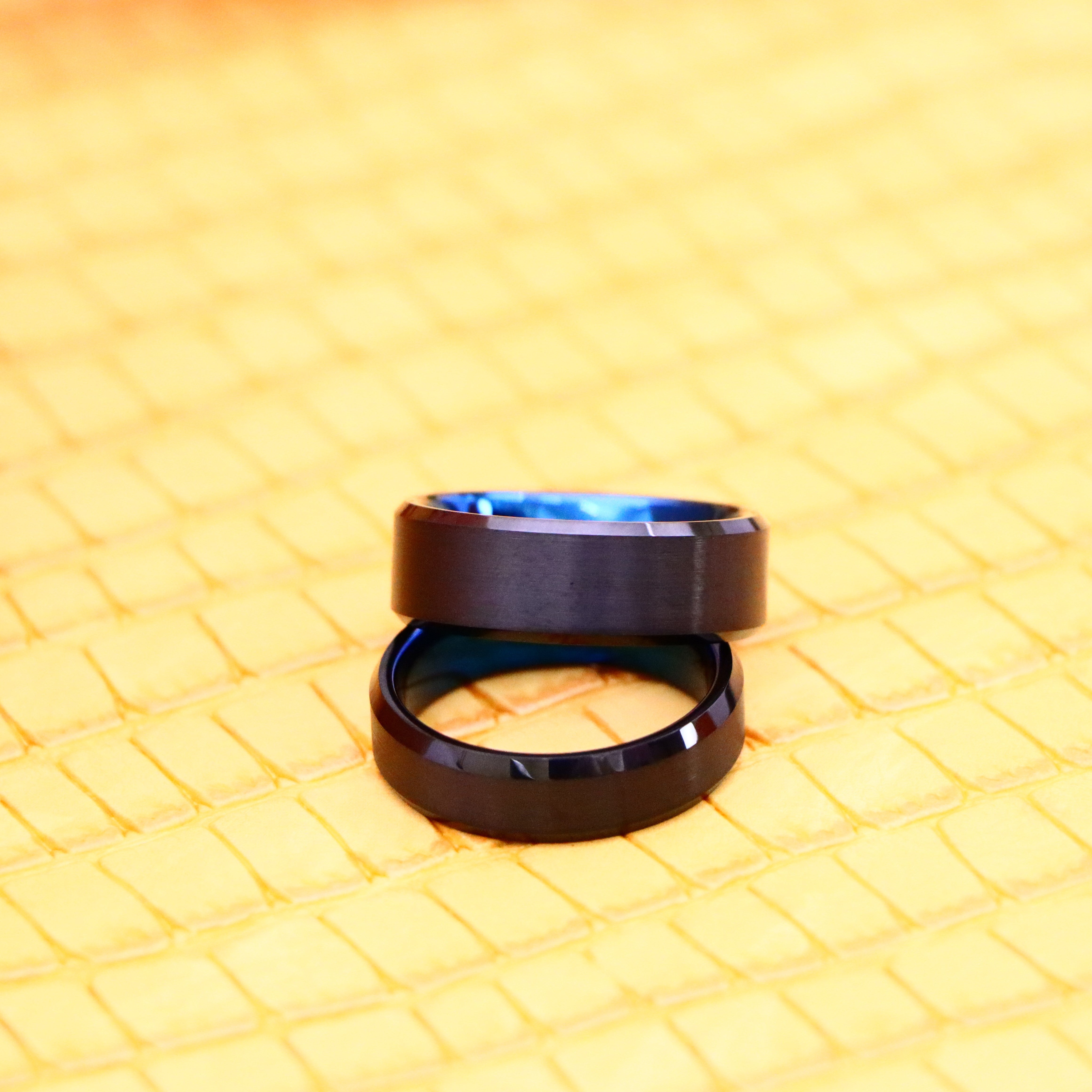 Black Outside Blue Inside IP Plated Tungsten Ring with Brushed Center and Beveled Edge