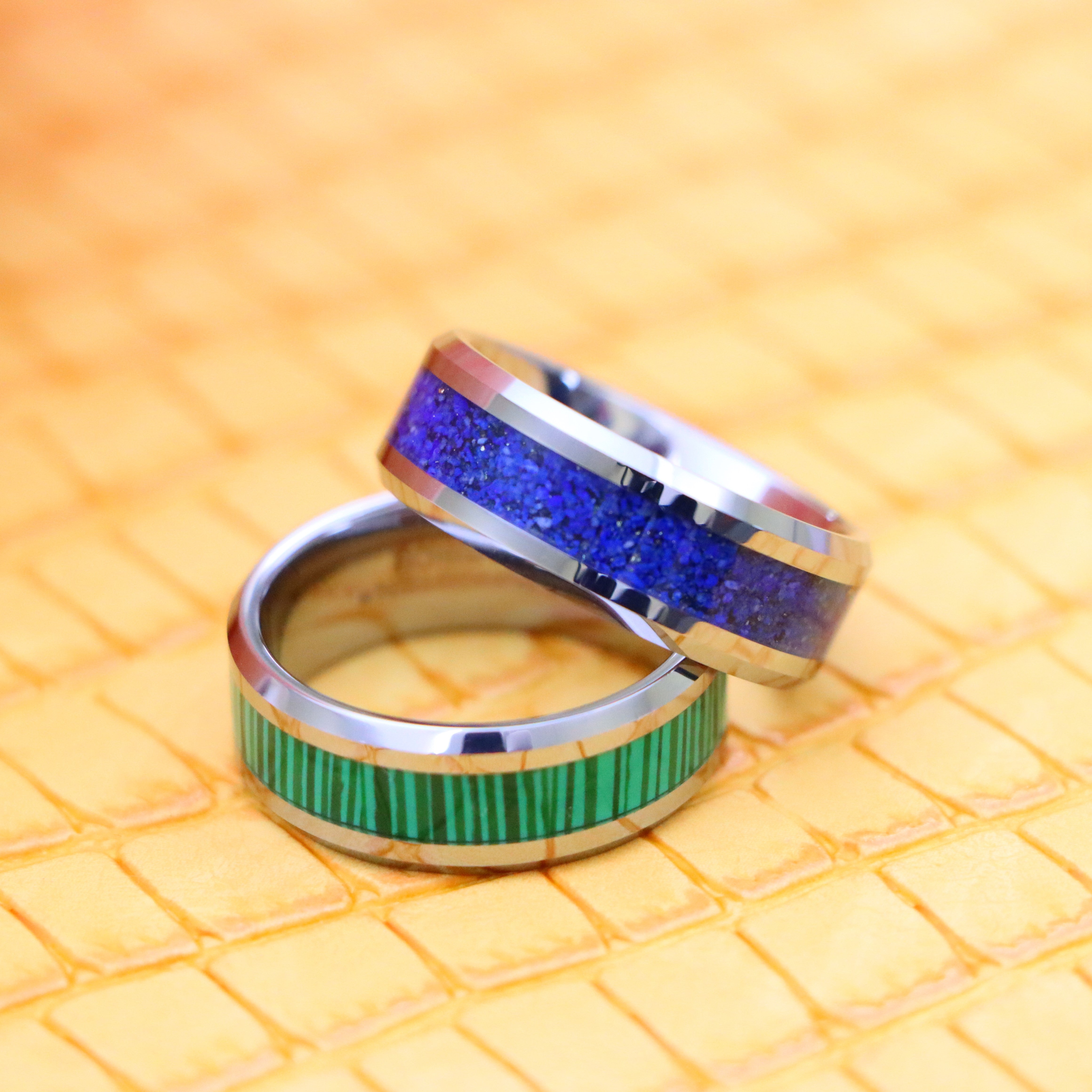 8mm Beveled Edge with Lapis Lazuli Inlay/Malachite Strips Inlay Tungsten Ring