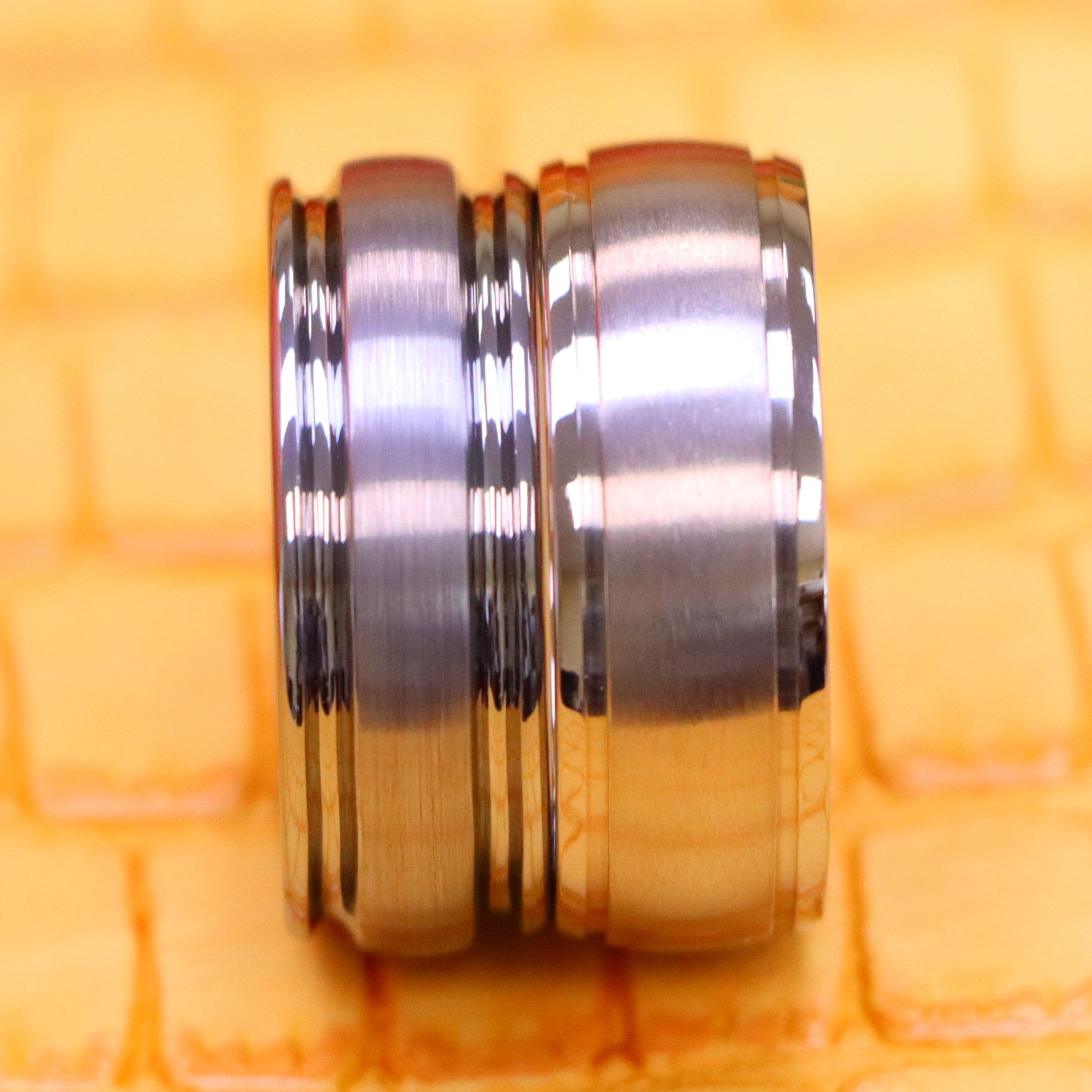 8mm Flat Brushed Center High Polish Ridged Edge Tungsten/Titanium Ring