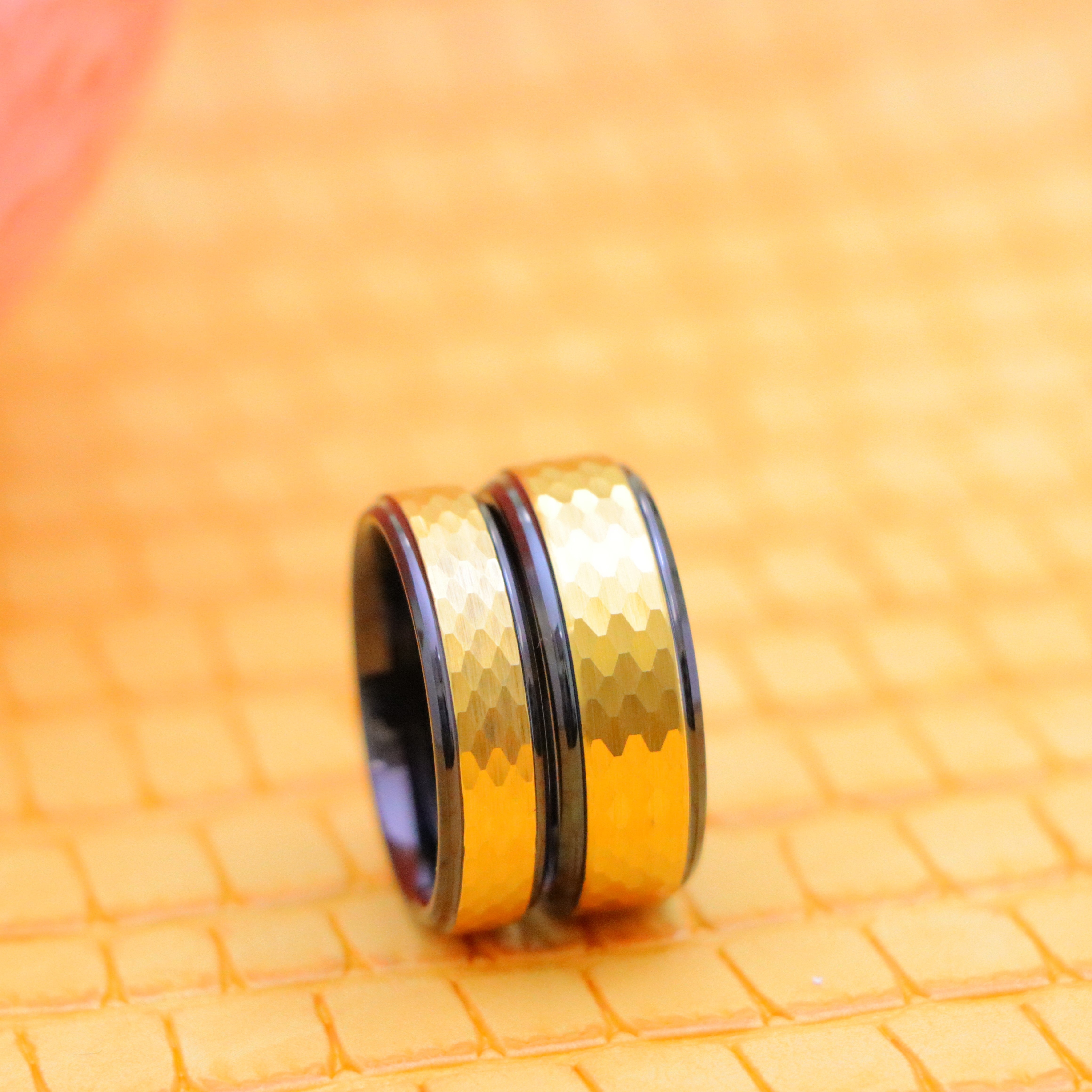 Yellow IP Hammered Center with Black IP Stepped Edge Tungsten Ring