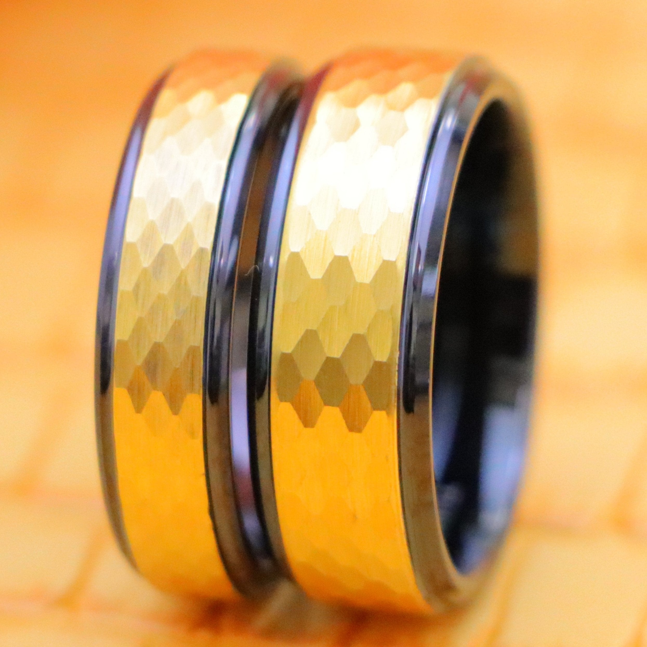 Yellow IP Hammered Center with Black IP Stepped Edge Tungsten Ring