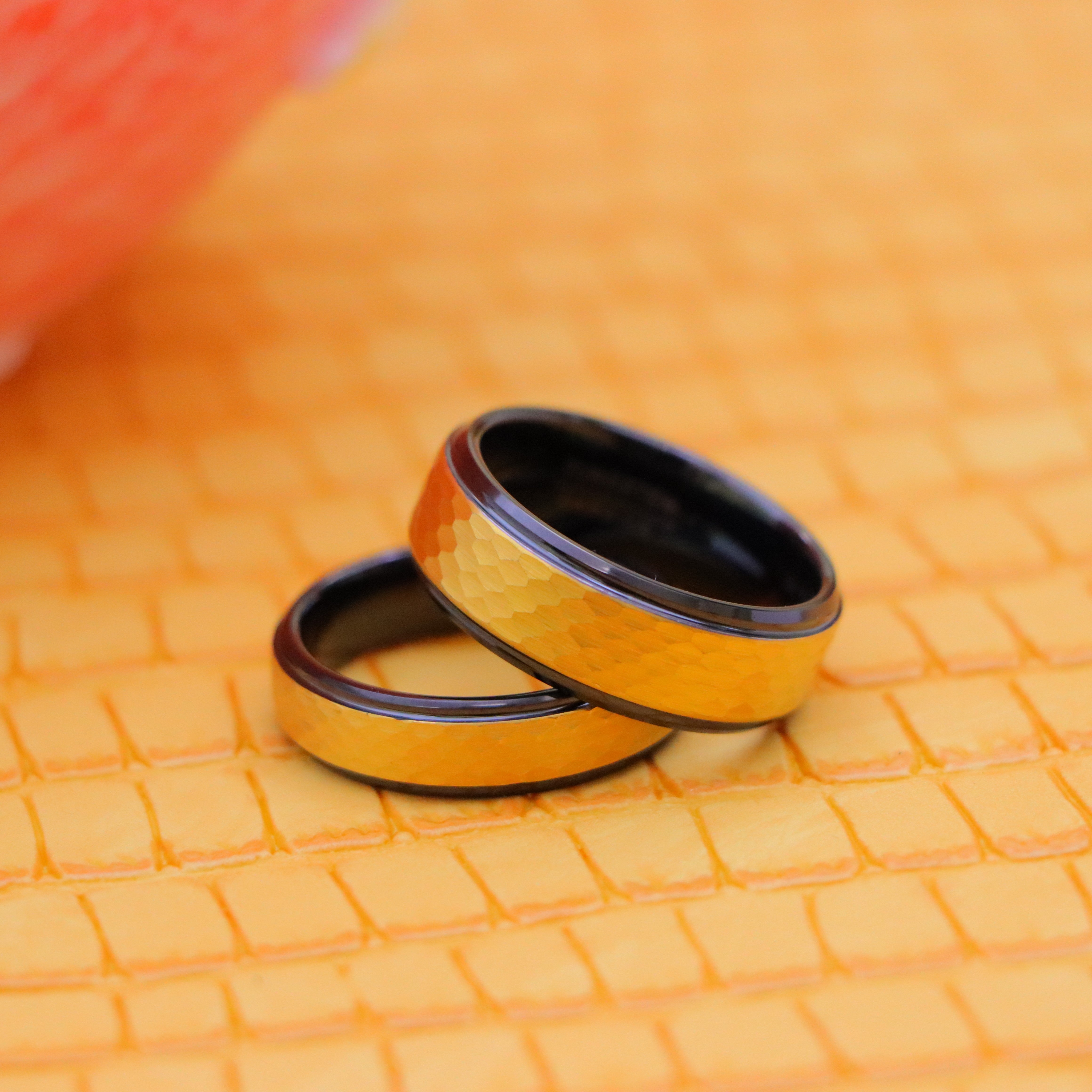 Yellow IP Hammered Center with Black IP Stepped Edge Tungsten Ring