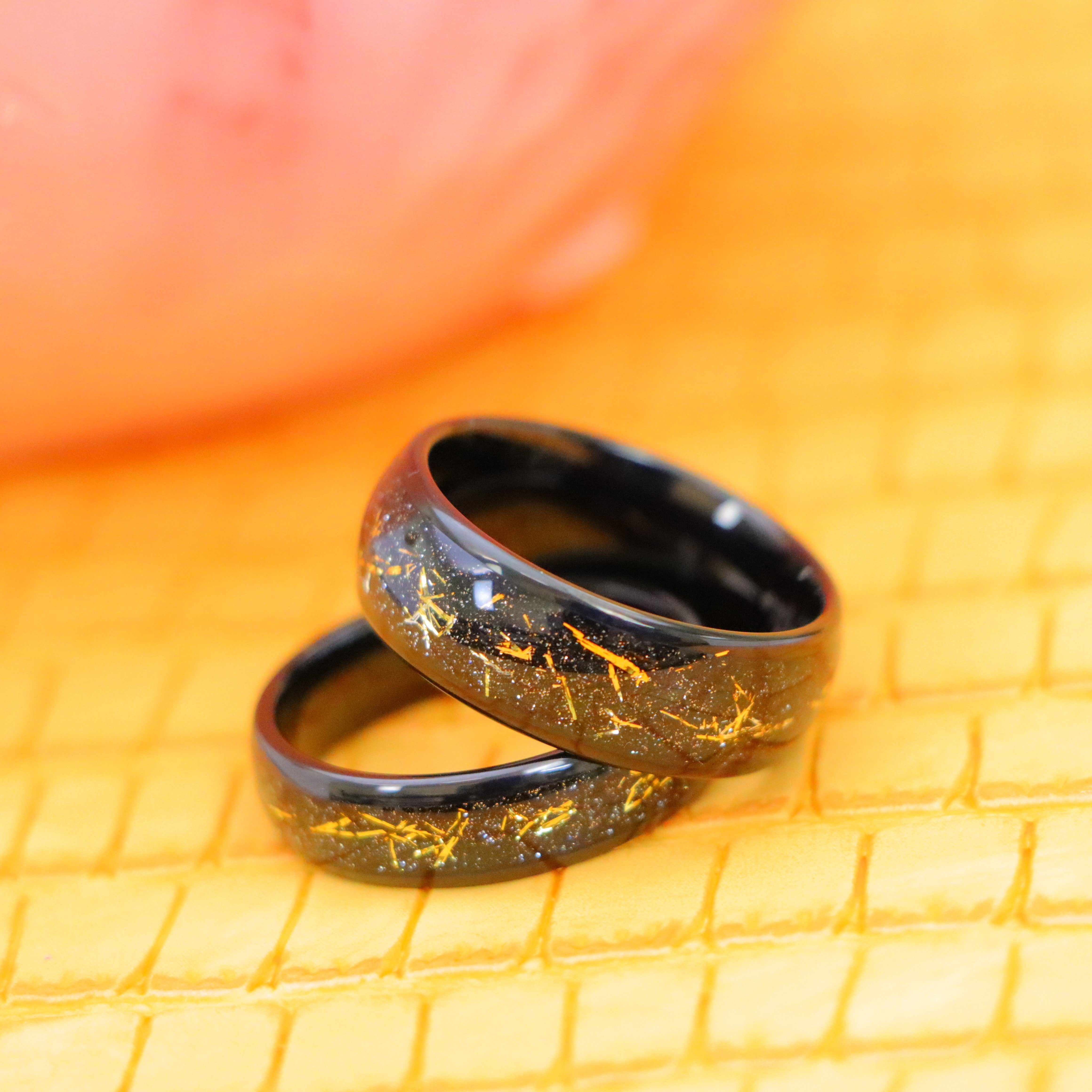 Black IP Plated with Imitation Yellow Meteorite Inlay Tungsten Ring