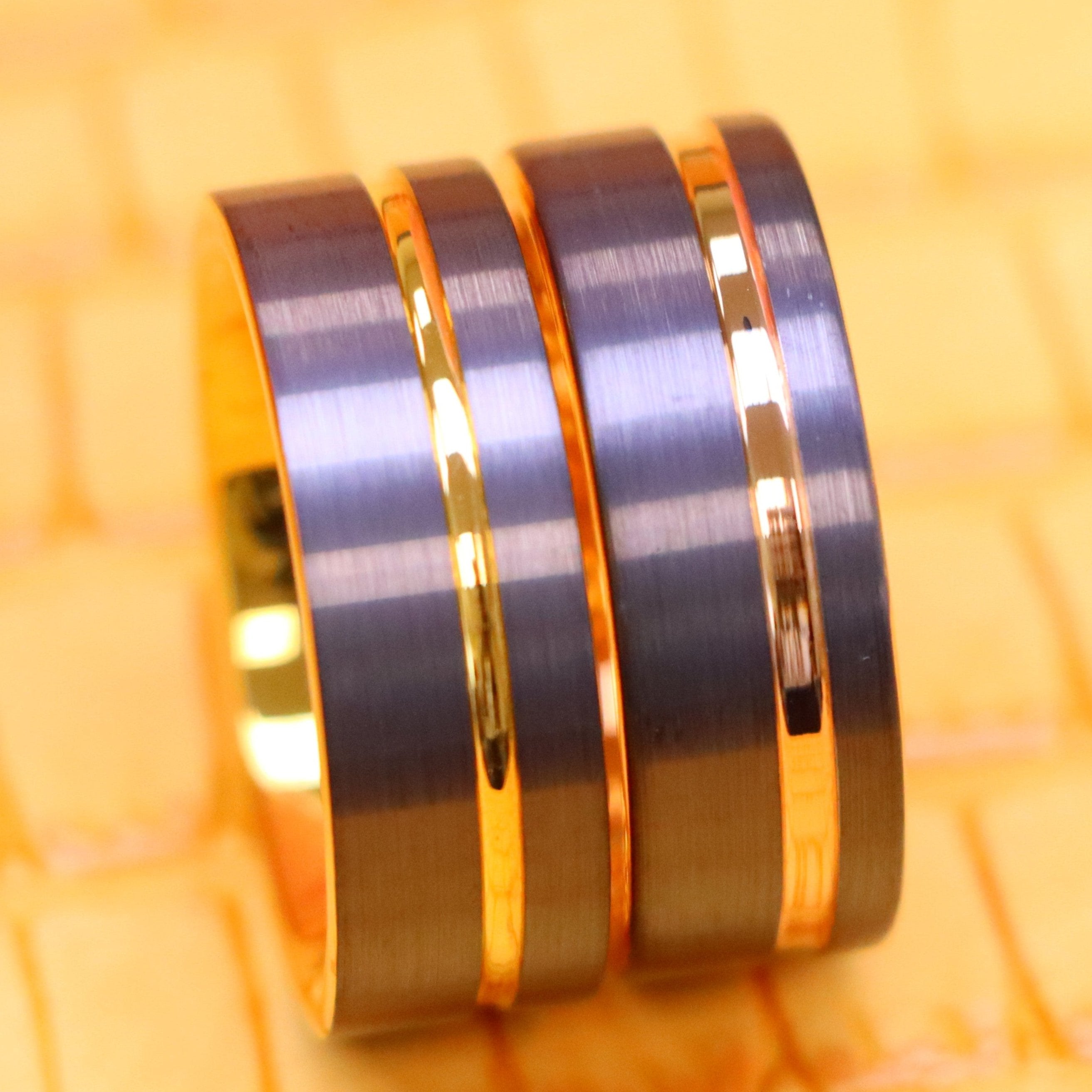 8mm Gun Metal IP Plated with Off-Center Yellow Gold Plated/Rose Gold Plated Groove Tungsten Ring