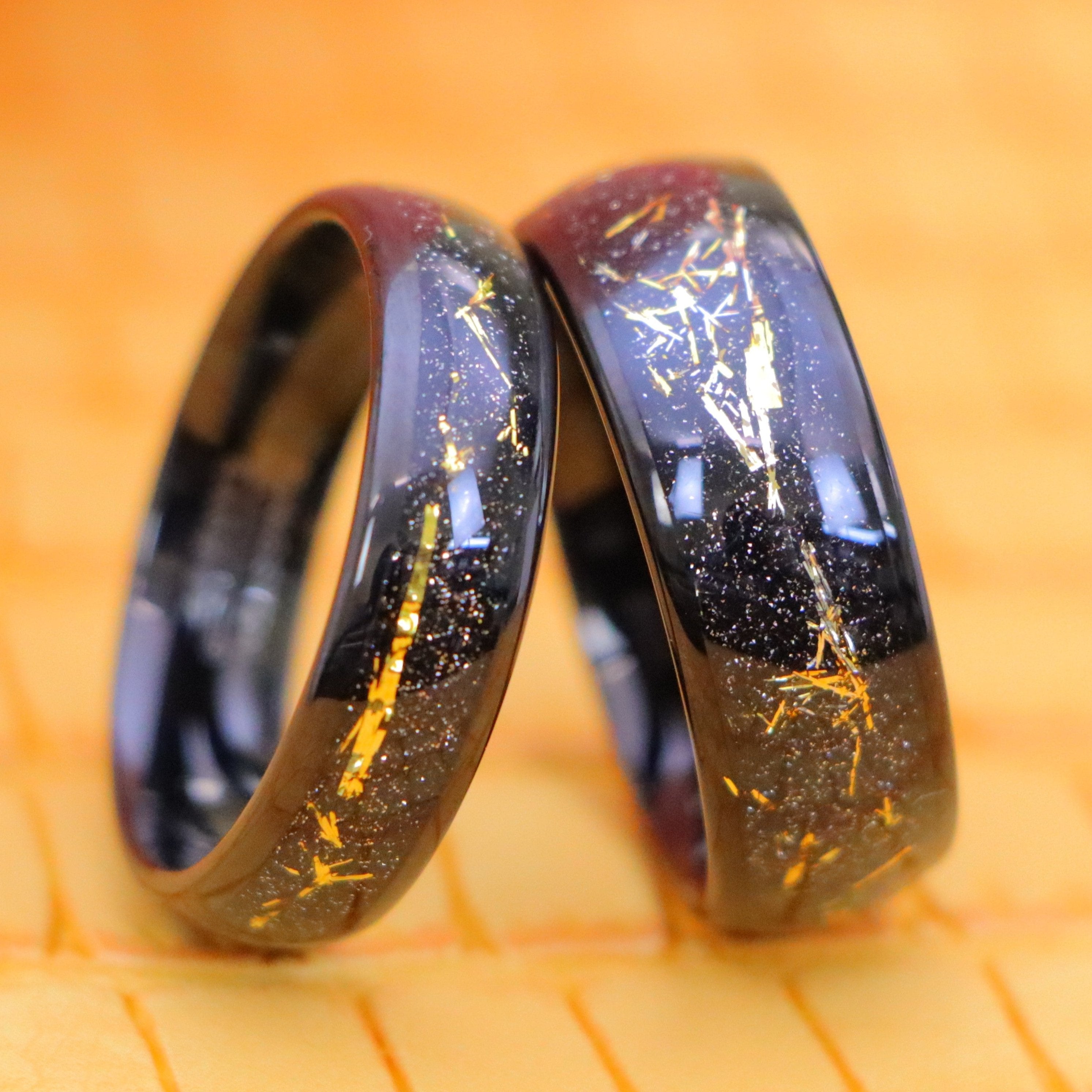 Black IP Plated with Imitation Yellow Meteorite Inlay Tungsten Ring