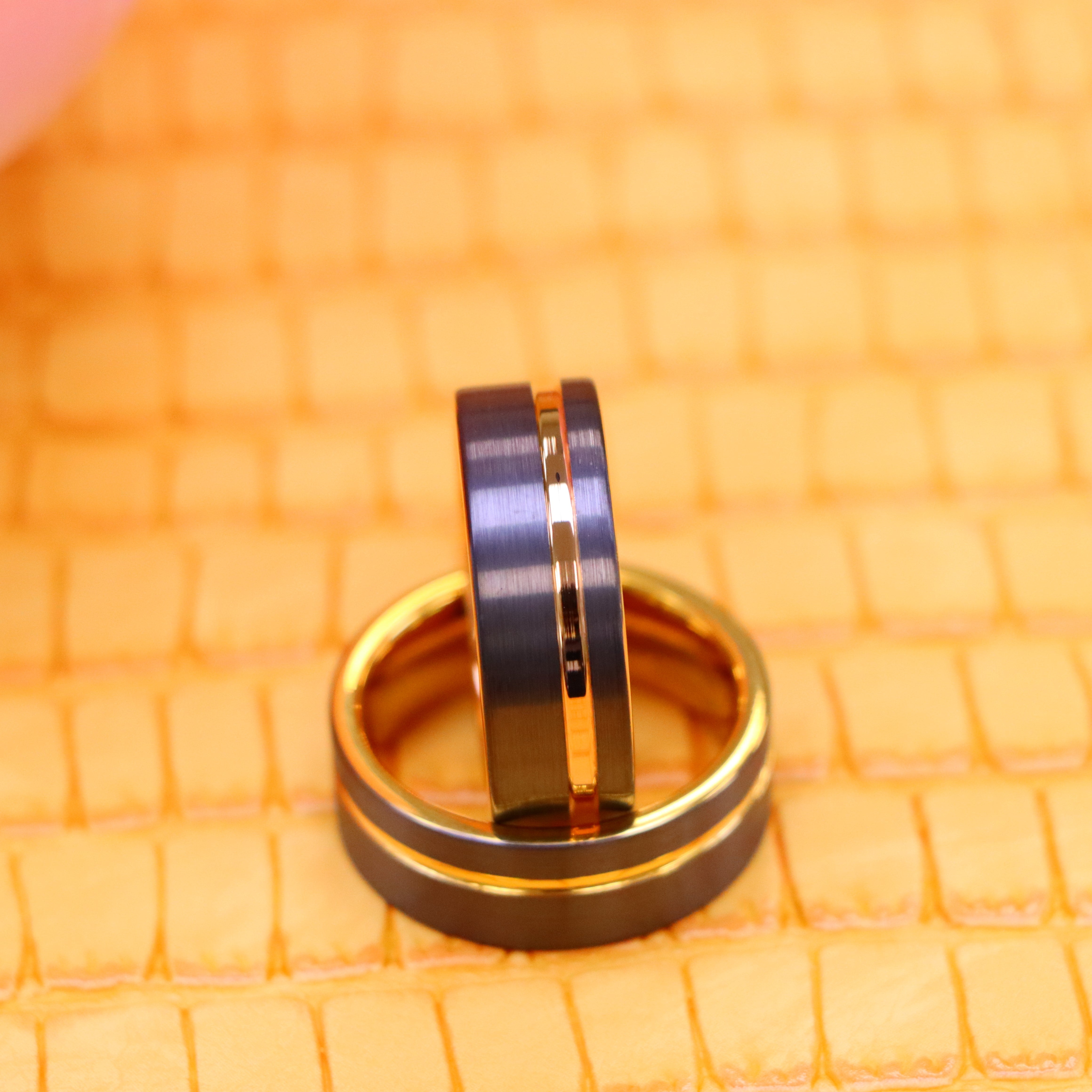 8mm Gun Metal IP Plated with Off-Center Yellow Gold Plated/Rose Gold Plated Groove Tungsten Ring