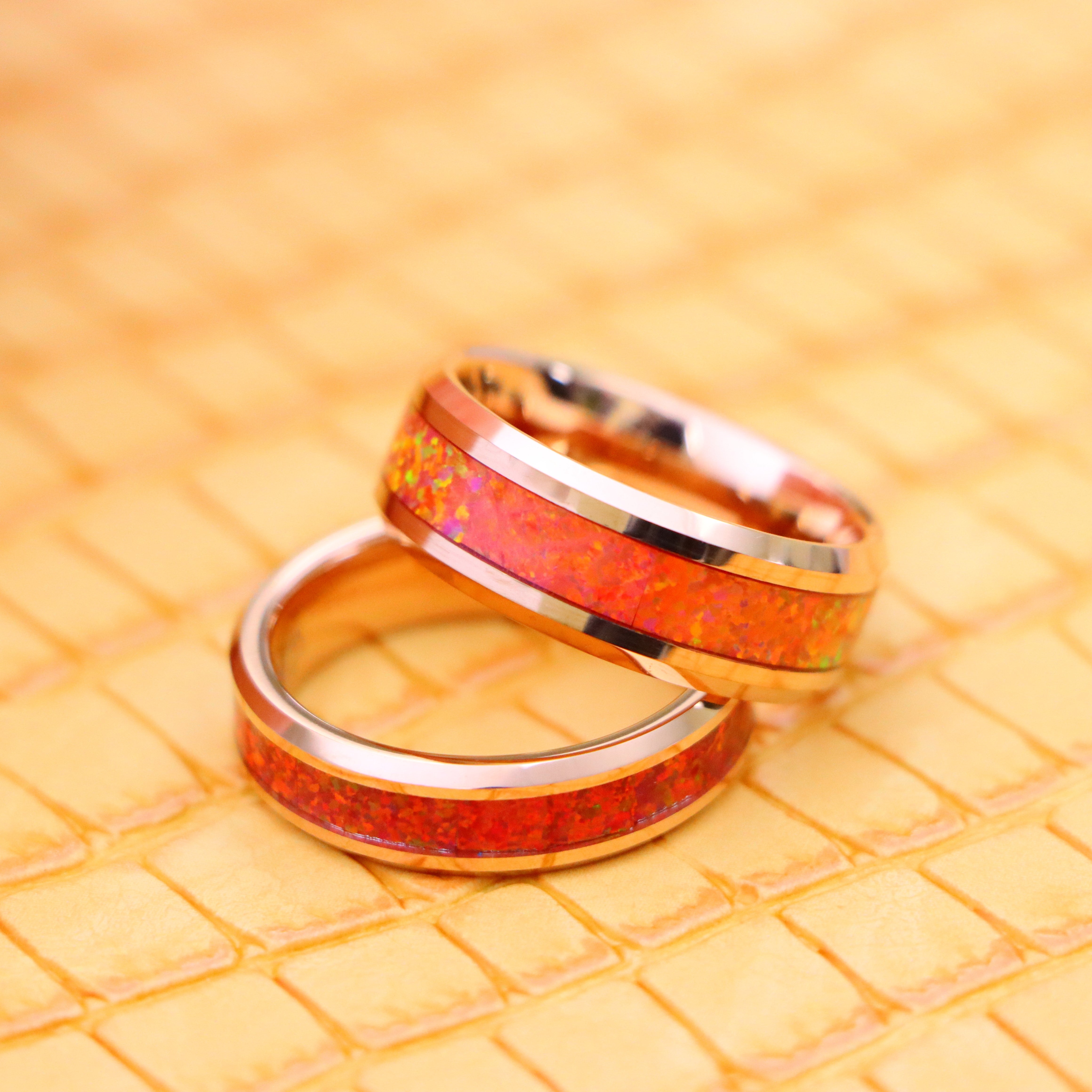 Rose Gold IP Plated with Synthetic Red Fire Opal Inlay Tungsten Ring