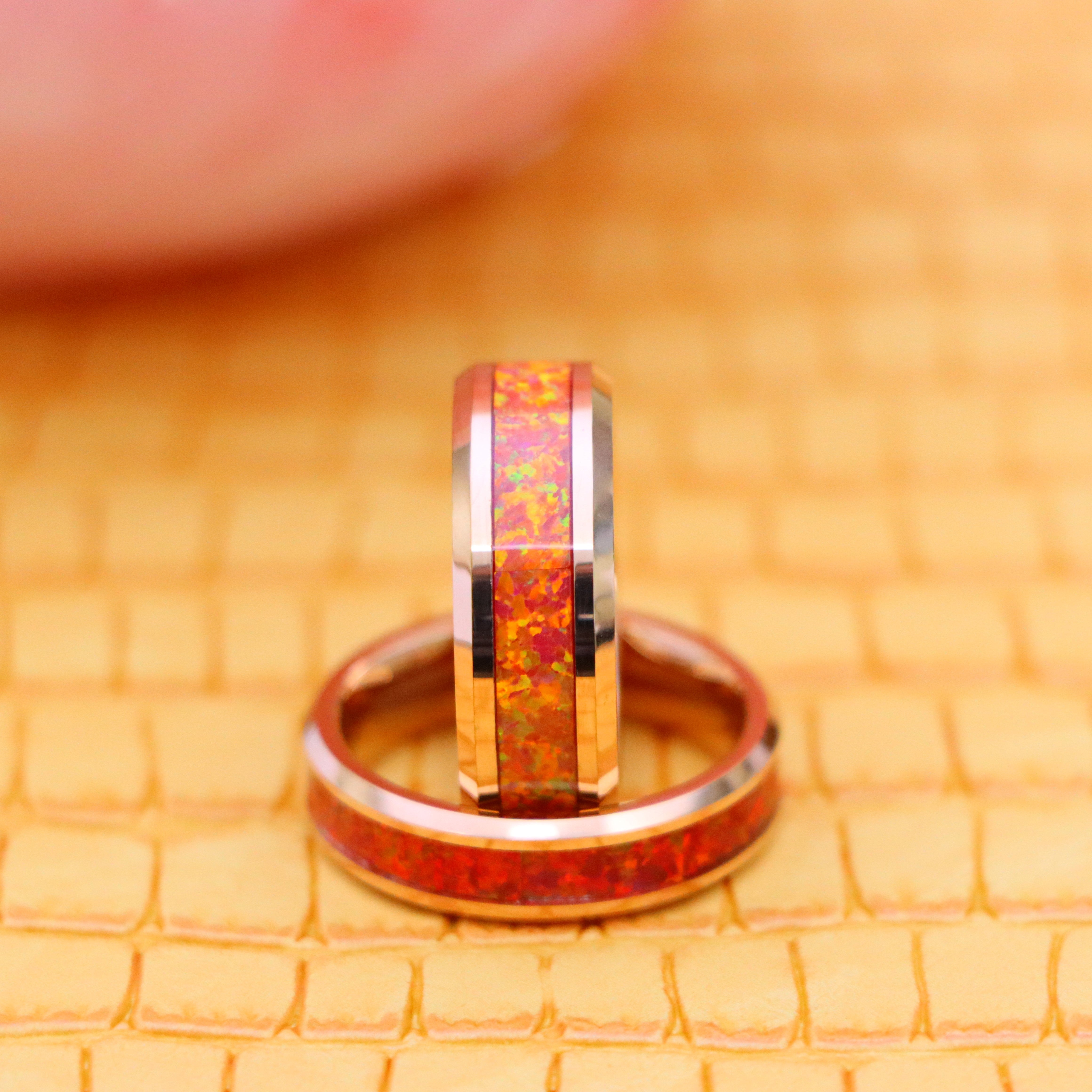 Rose Gold IP Plated with Synthetic Red Fire Opal Inlay Tungsten Ring