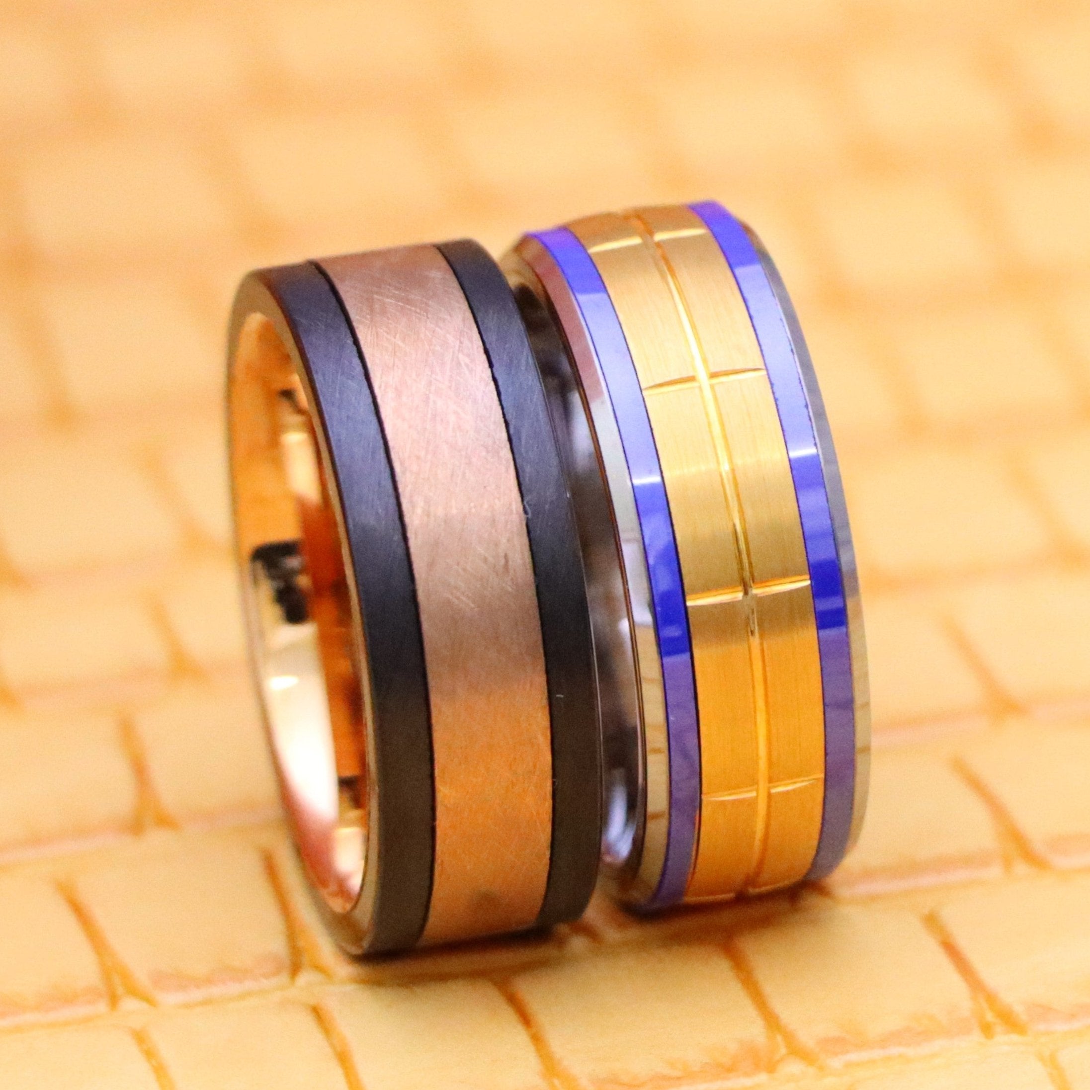 Rose Gold IP Plated Brushed Grooved Center Beveled Edge Tungsten Ring with Indigo Stripes, Forged Composite Carbon Fiber &amp; Rose Gold Plated Center Band