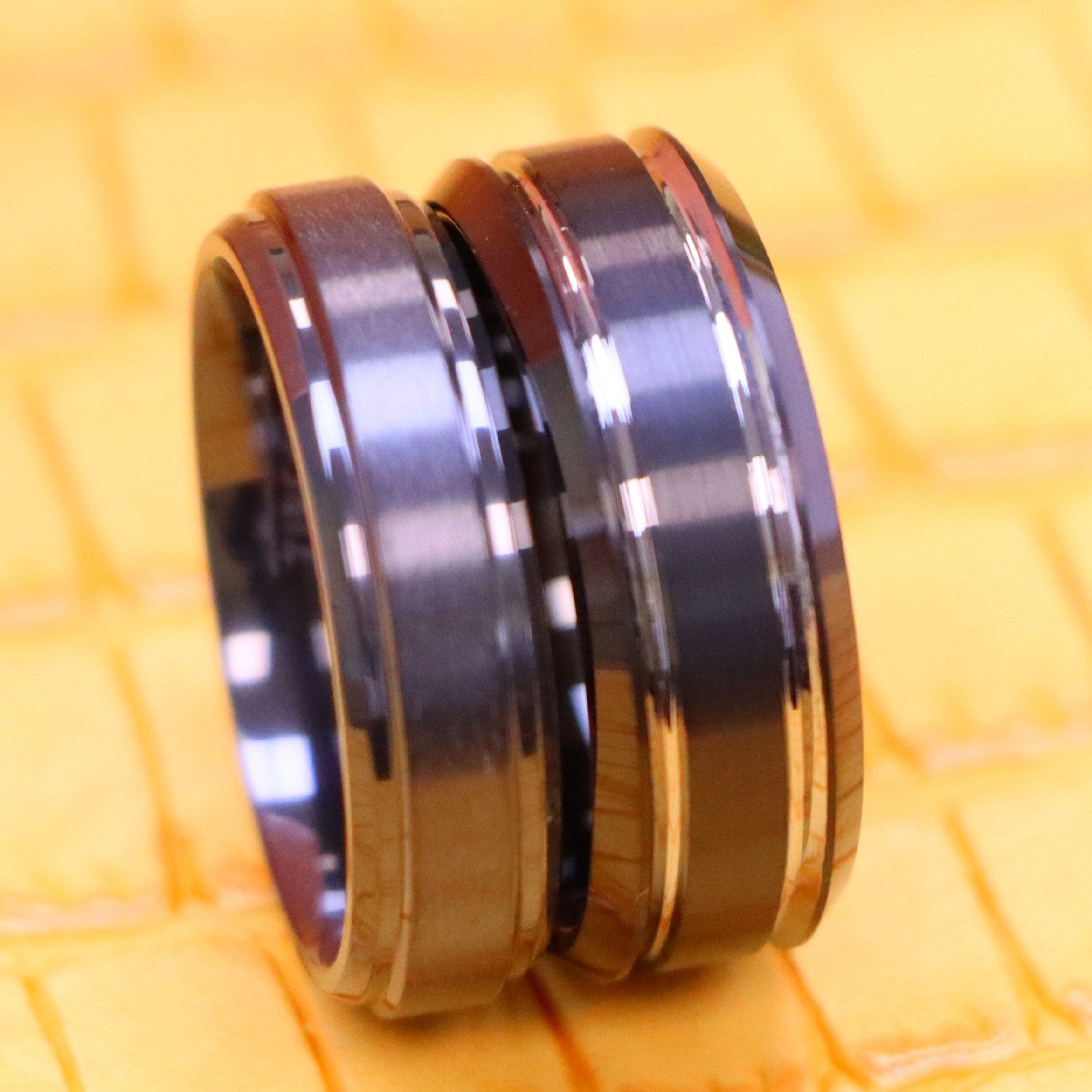 Two-tone Black IP Brushed Center &amp; Stepped Edge Tungsten Ring Zirconium Natural Gun Metal Ring