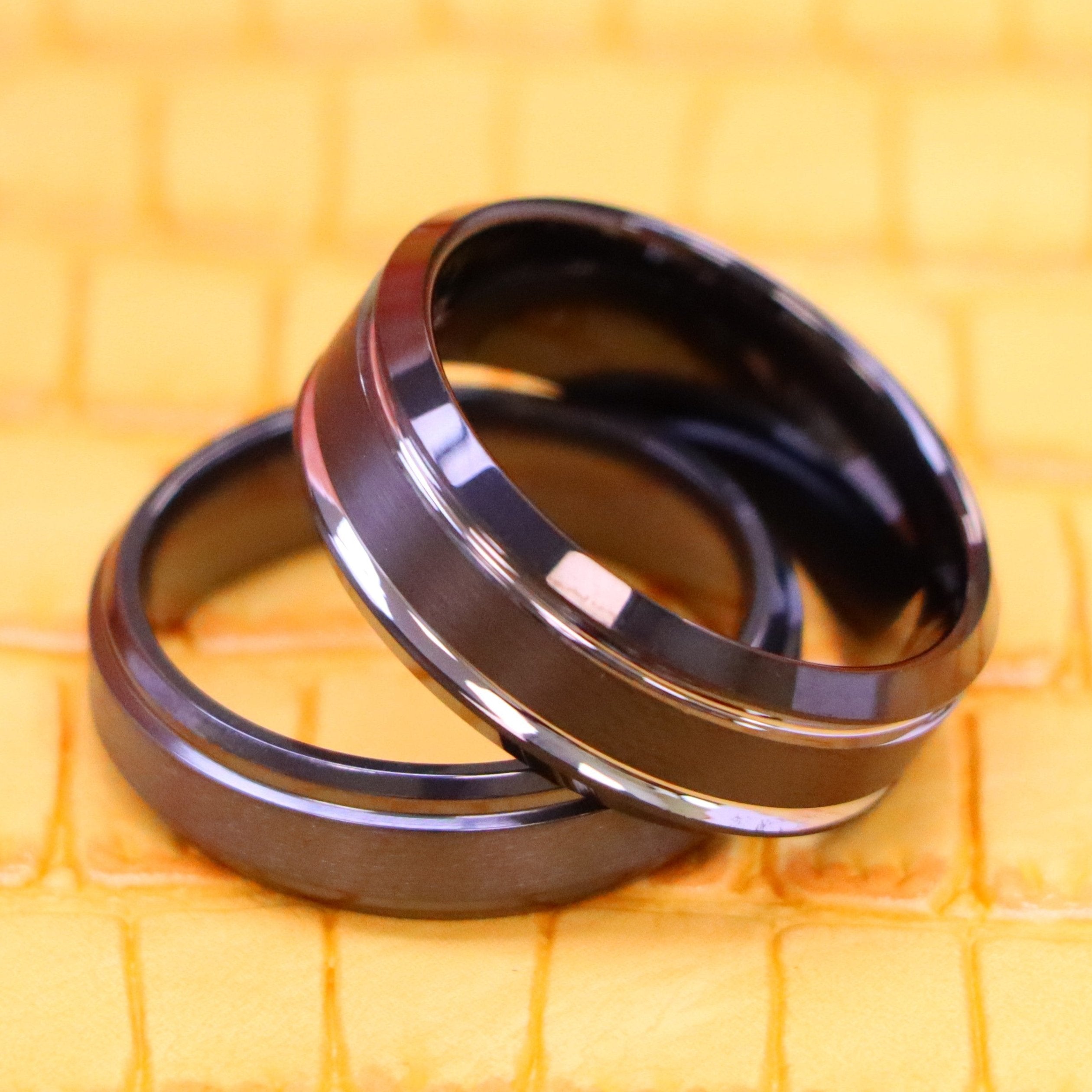 Two-tone Black IP Brushed Center &amp; Stepped Edge Tungsten Ring Zirconium Natural Gun Metal Ring