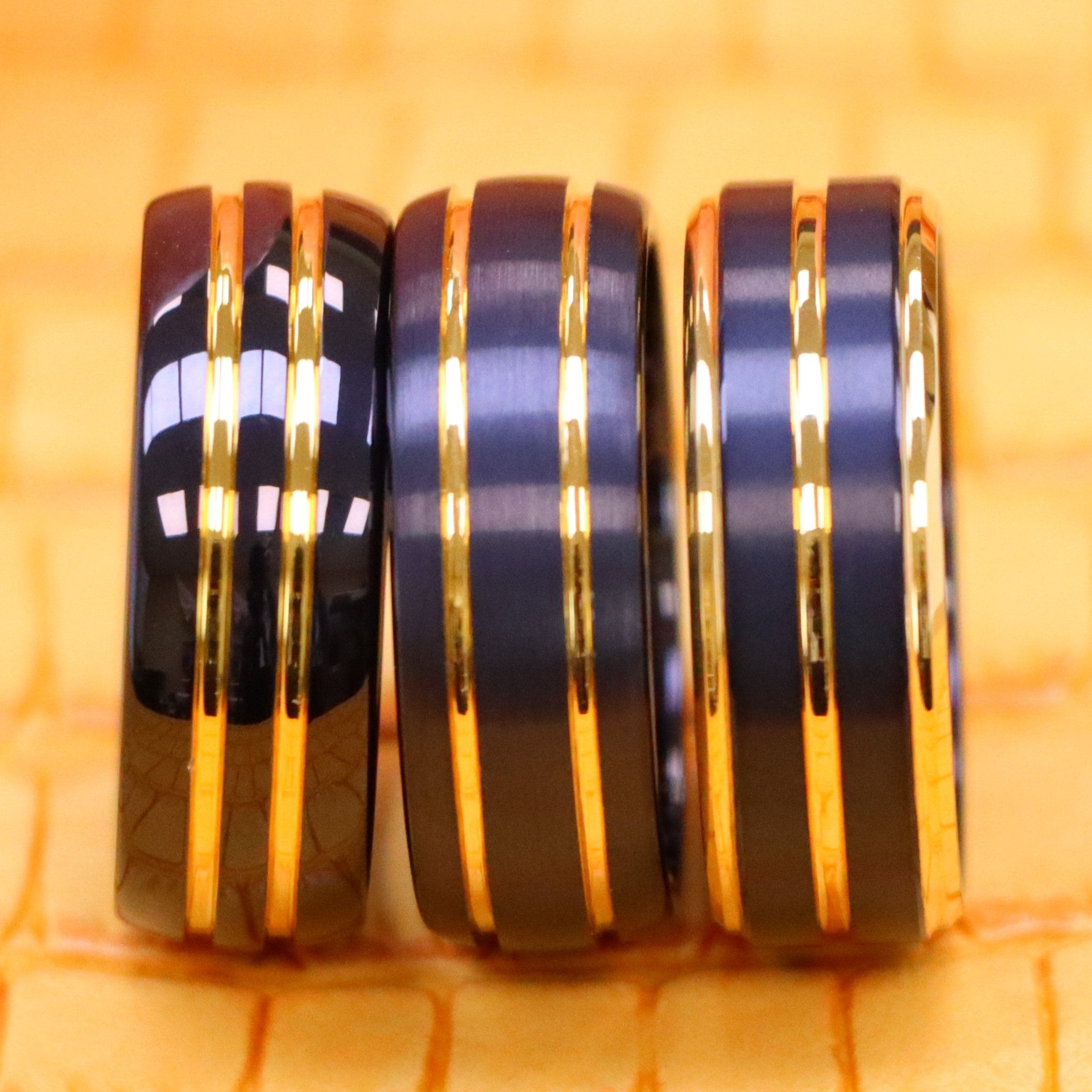 8mm Pinstripe Black &amp; Yellow IP Plated Beveled Edge Tungsten Ring