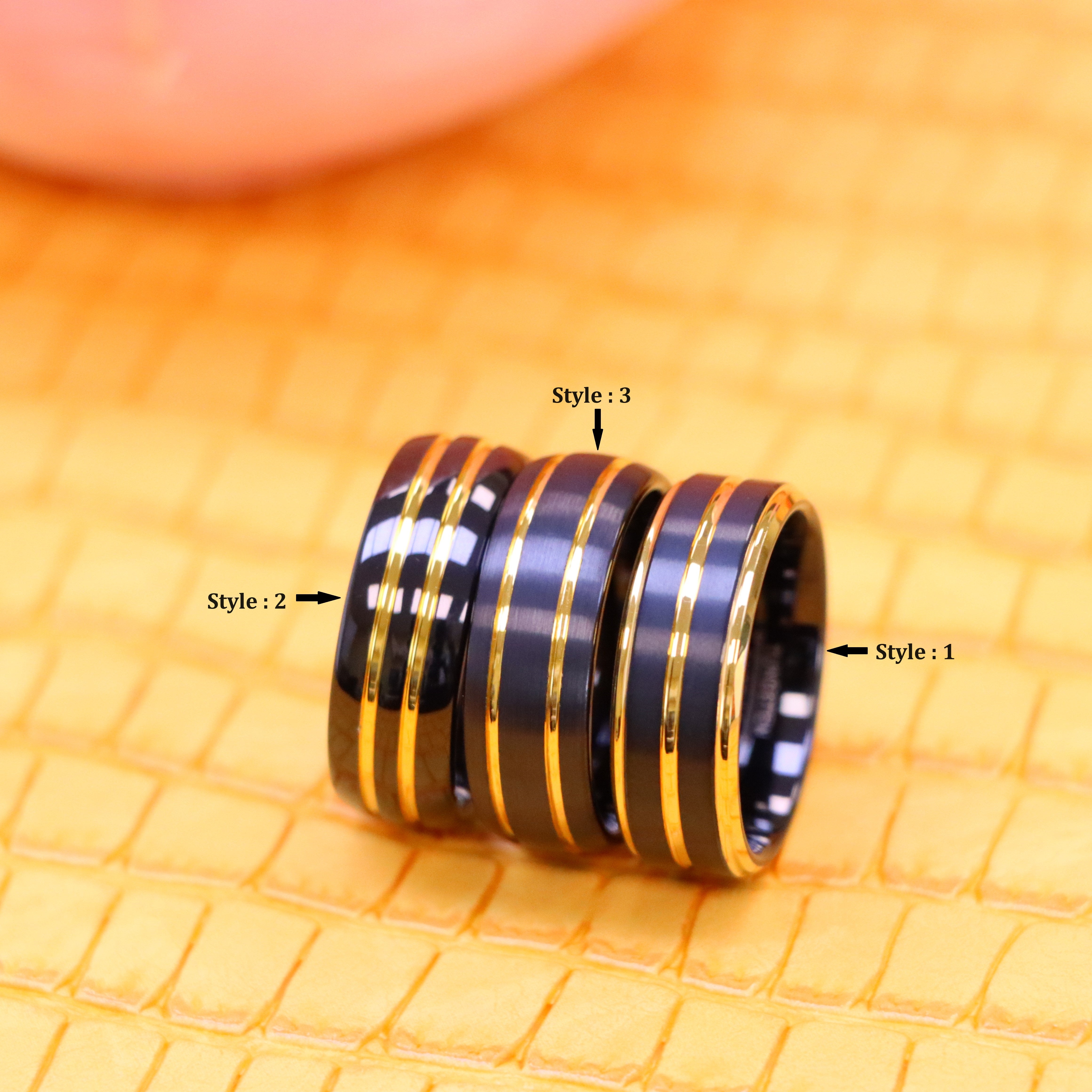 8mm Pinstripe Black &amp; Yellow IP Plated Beveled Edge Tungsten Ring