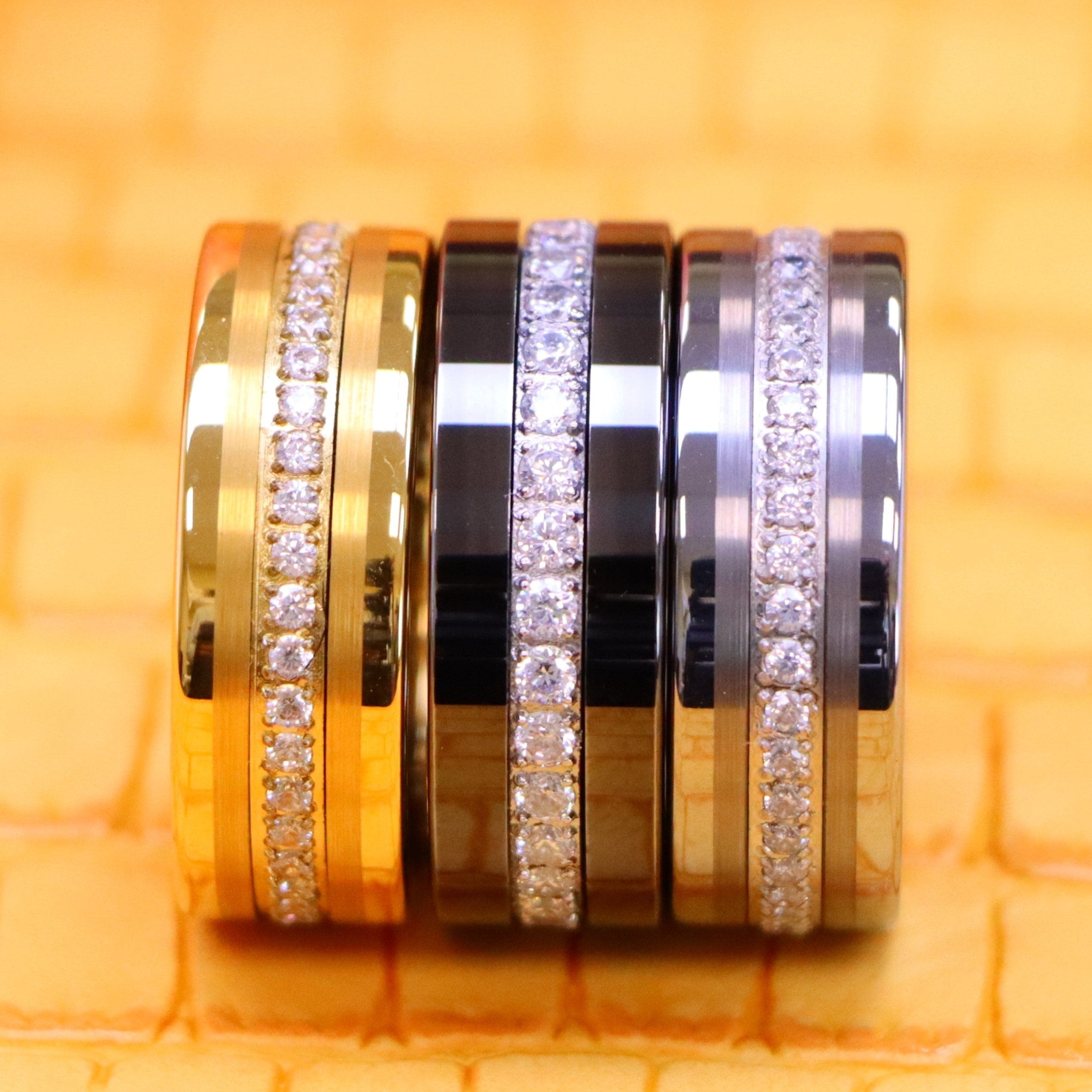 8mm Yellow IP/Silver/Black IP Plated Pipe-Cut Brushed Center Prong-Set Round-Cut Cubic Zirconia Eternity Tungsten Ring