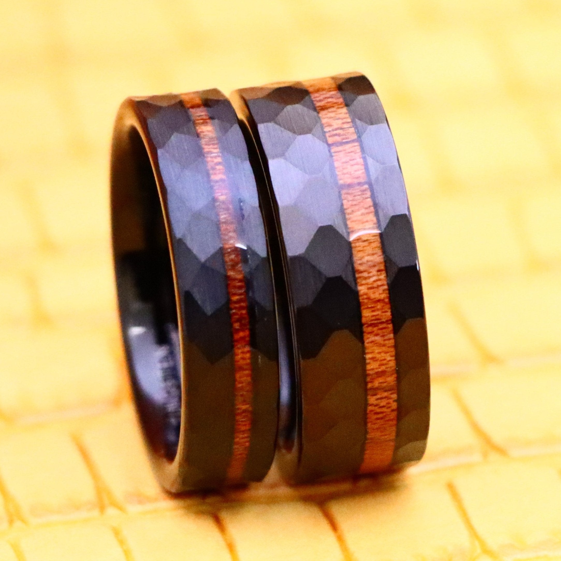 Black IP Plated Hammered Tungsten Ring with Hawaiian Koa Wood Inlay