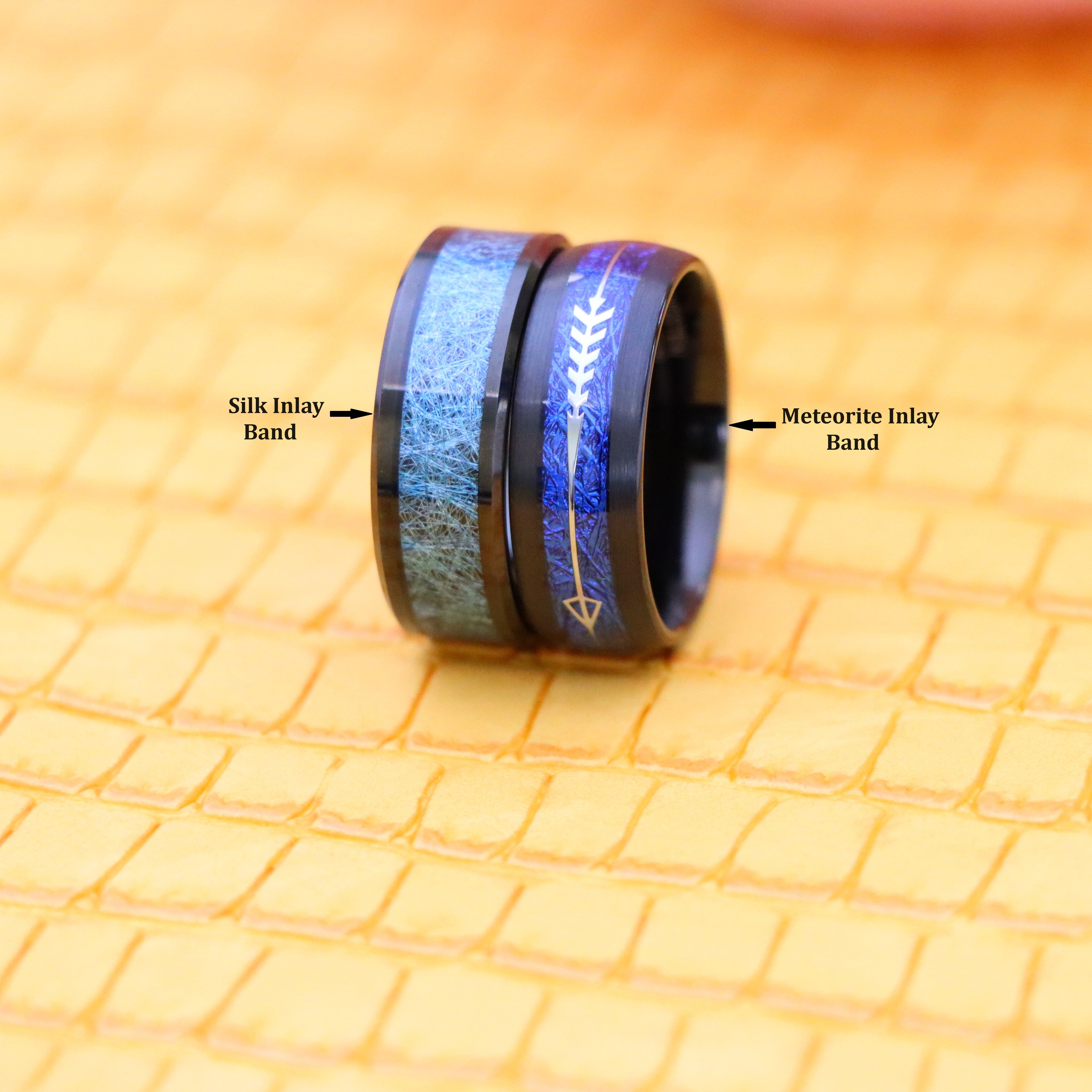 8mm Black IP Plated with Blue Silk Thread Inlay/Arrow Inlay on Blue Meteorite Tungsten Ring