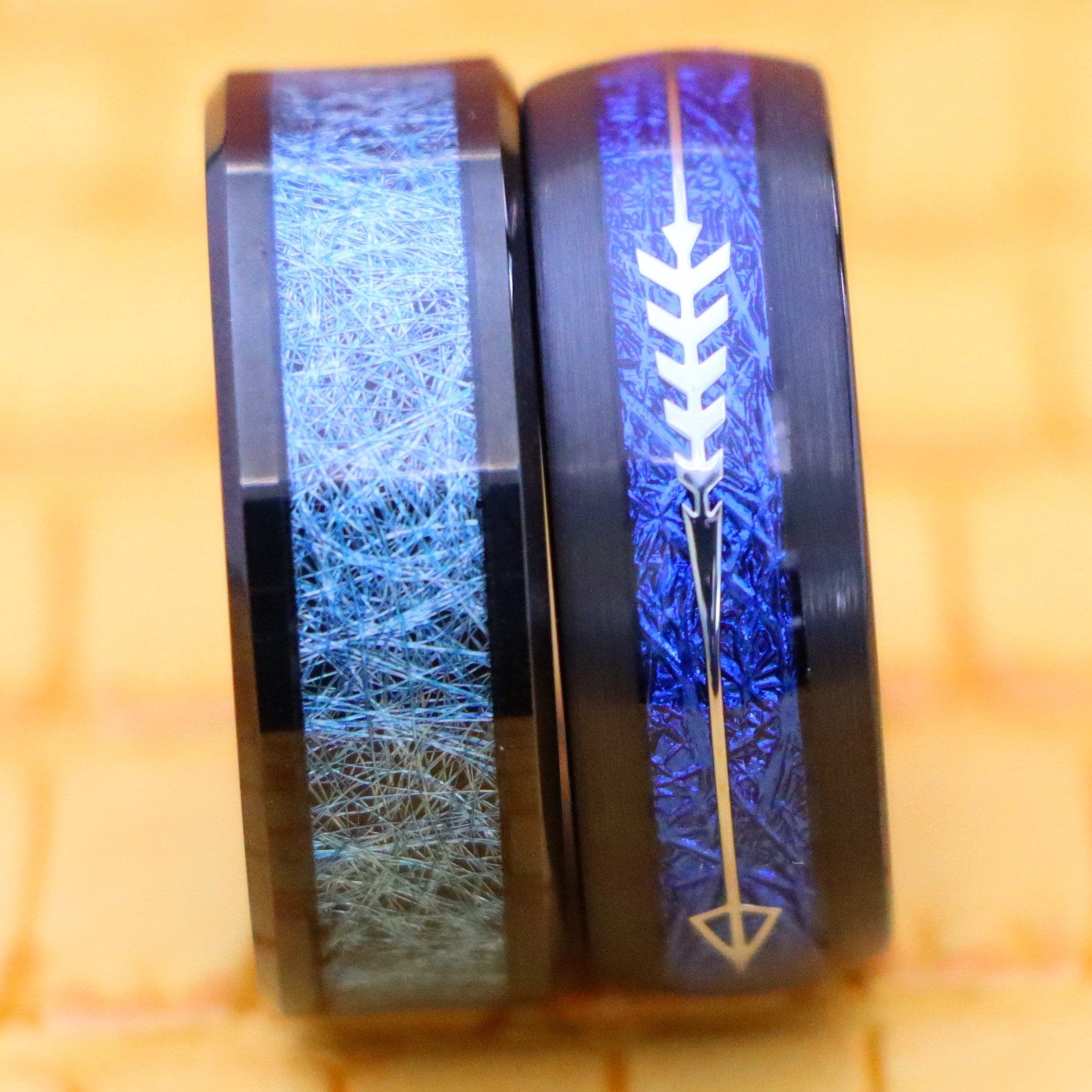 8mm Black IP Plated with Blue Silk Thread Inlay/Arrow Inlay on Blue Meteorite Tungsten Ring