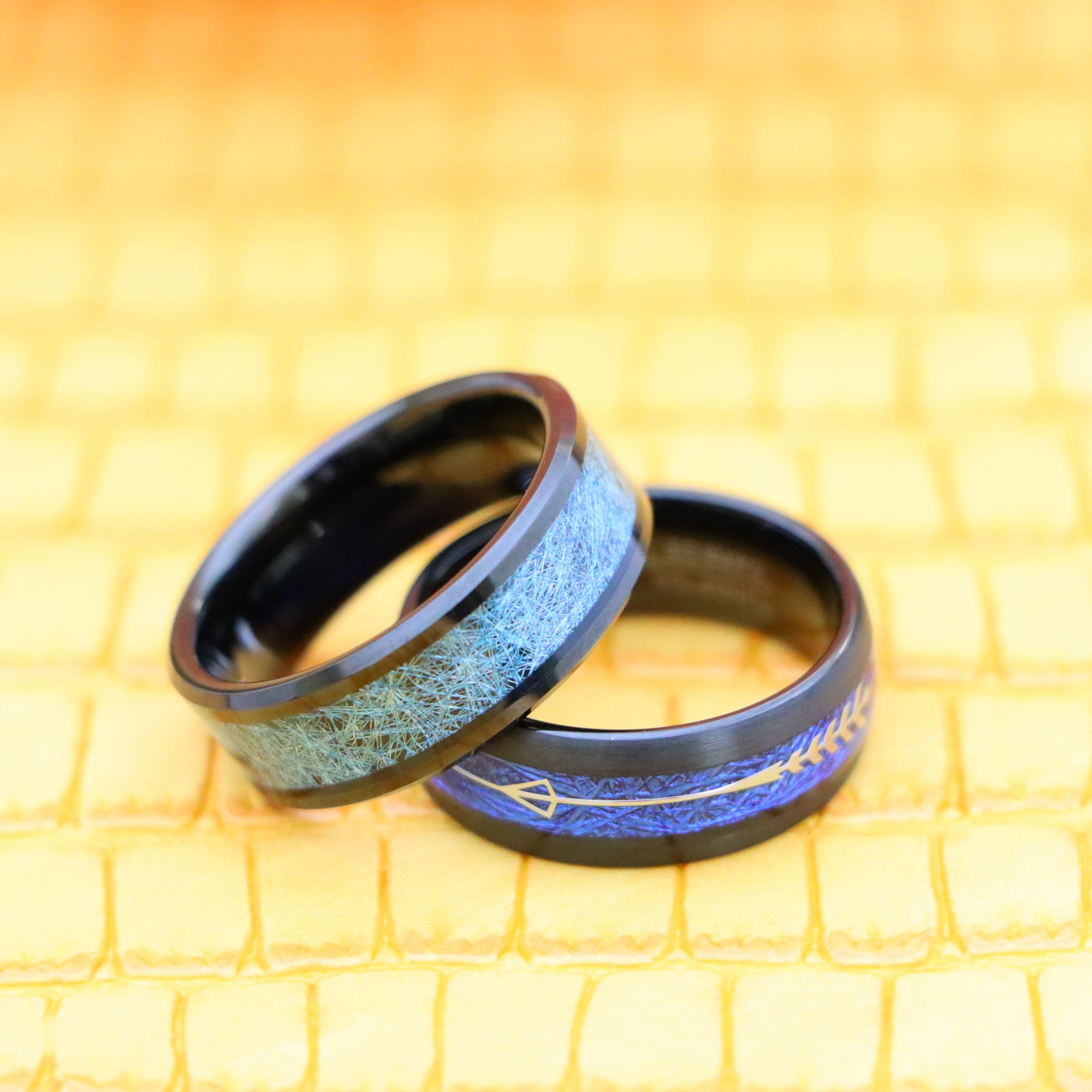 8mm Black IP Plated with Blue Silk Thread Inlay/Arrow Inlay on Blue Meteorite Tungsten Ring