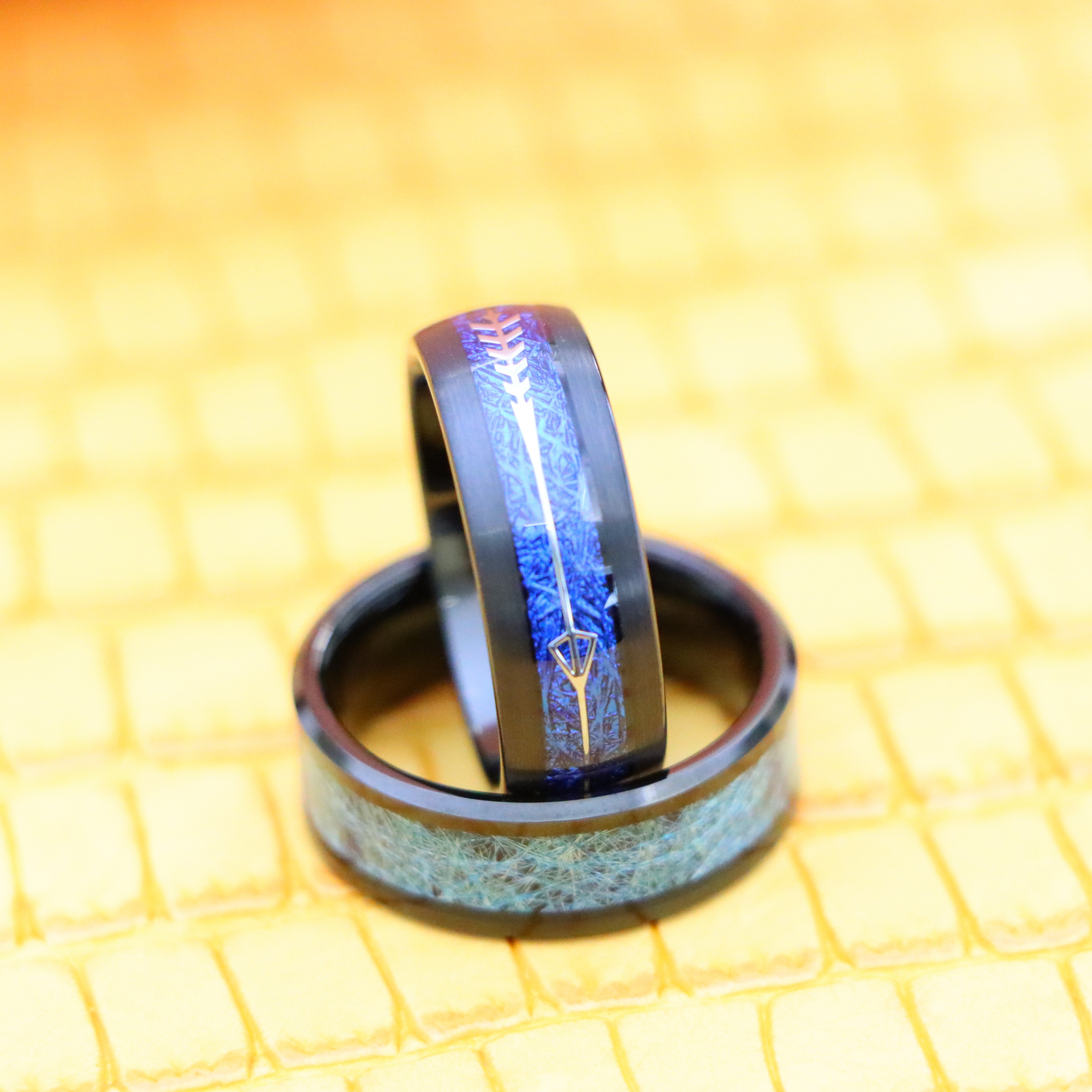 8mm Black IP Plated with Blue Silk Thread Inlay/Arrow Inlay on Blue Meteorite Tungsten Ring