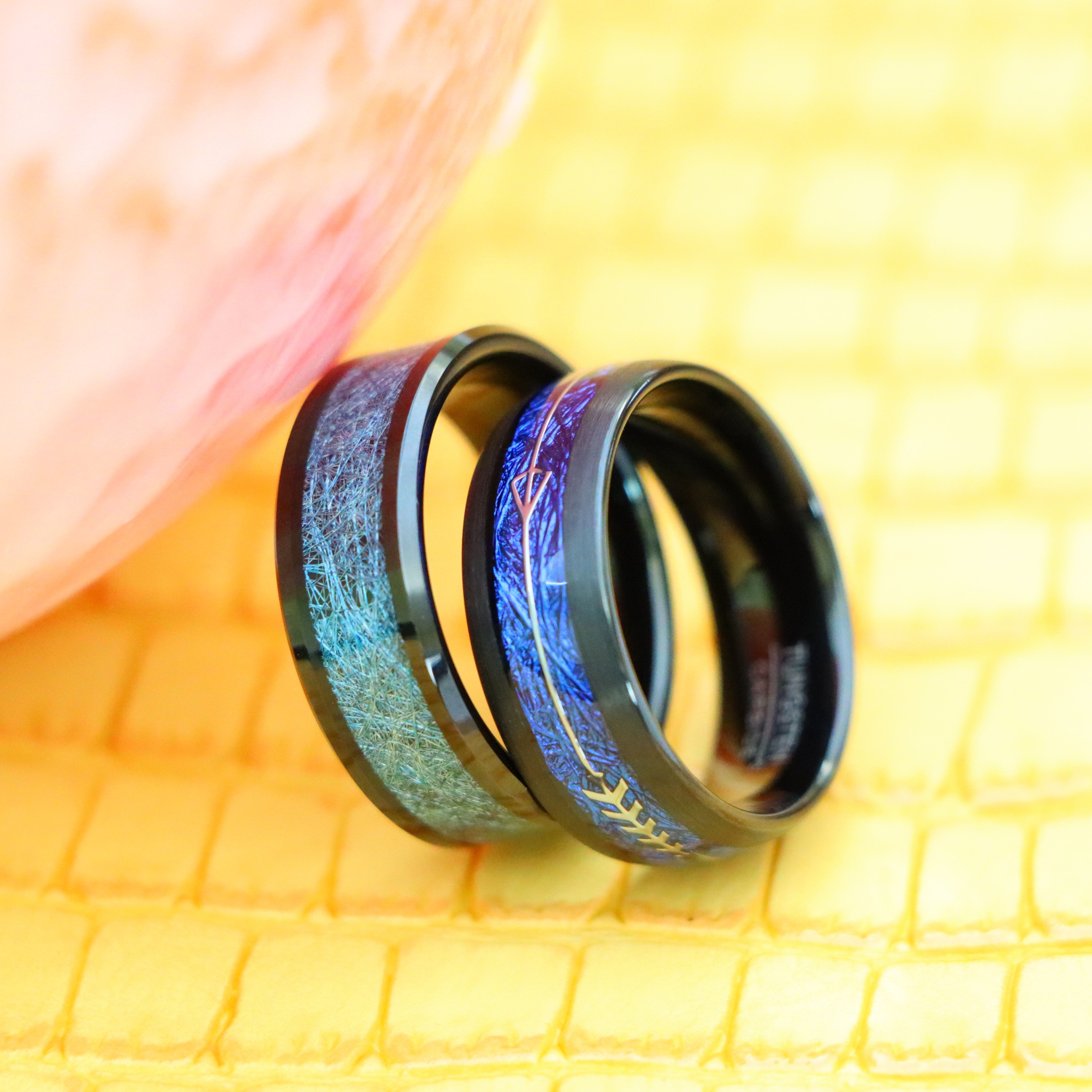 8mm Black IP Plated with Blue Silk Thread Inlay/Arrow Inlay on Blue Meteorite Tungsten Ring