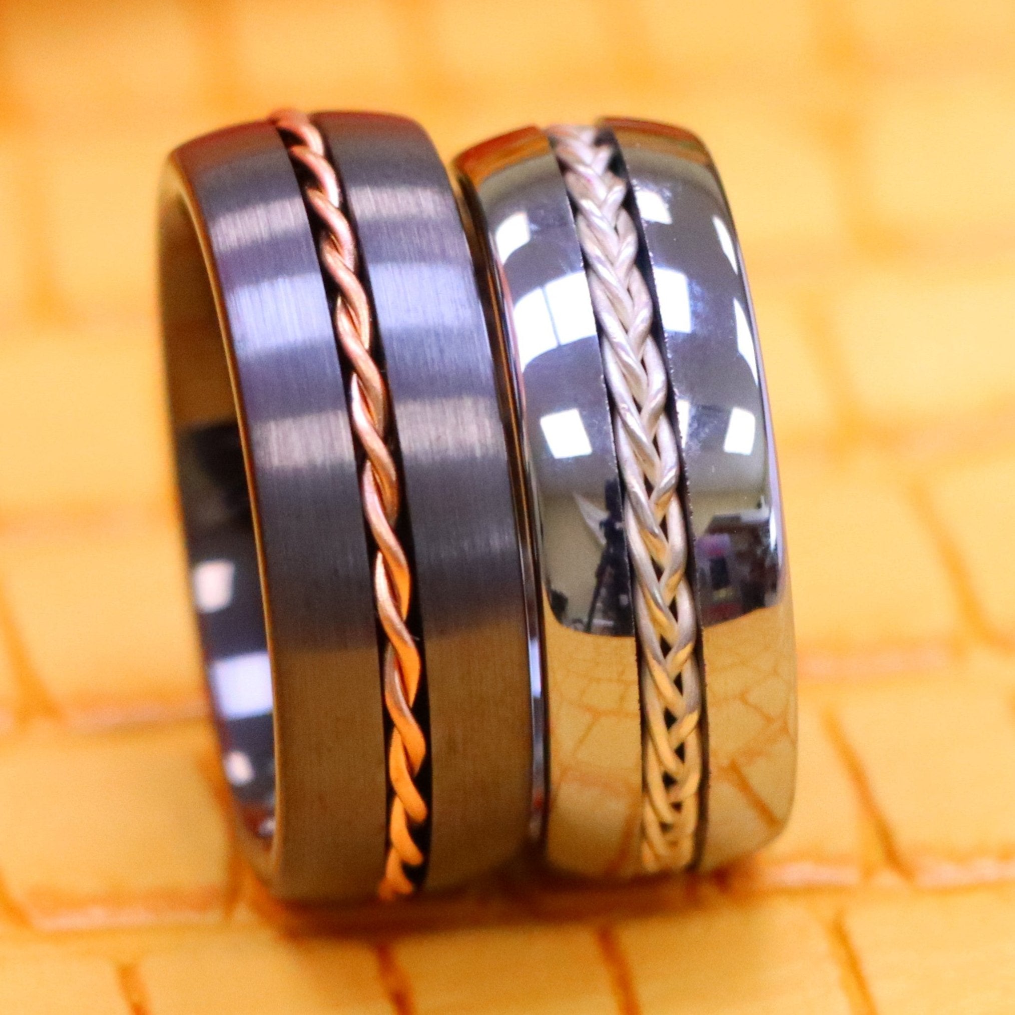 8mm Dome Brushed Gun Metal/Silver Rose Gold/Silver Rope Inlay Tungsten Ring