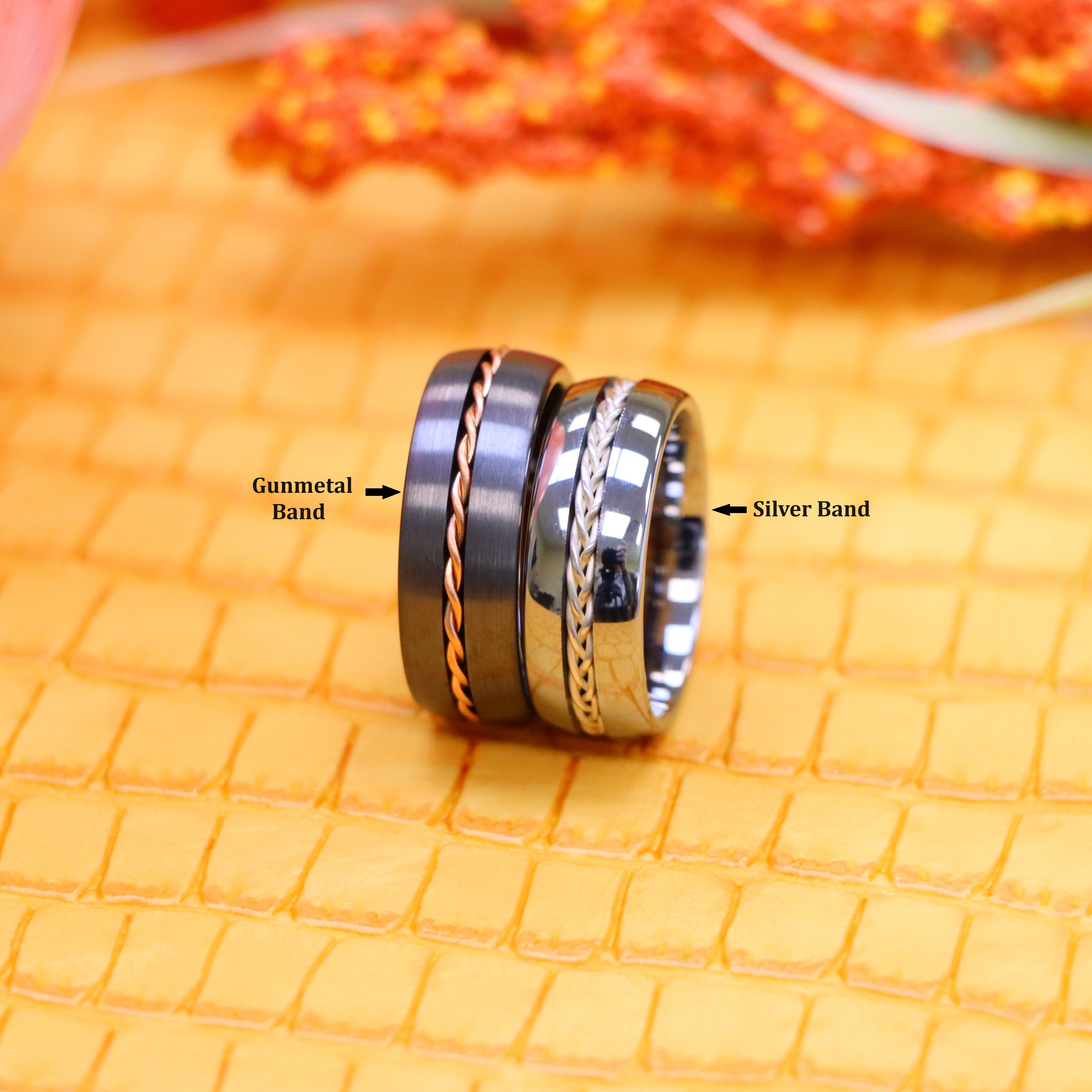 8mm Dome Brushed Gun Metal/Silver Rose Gold/Silver Rope Inlay Tungsten Ring