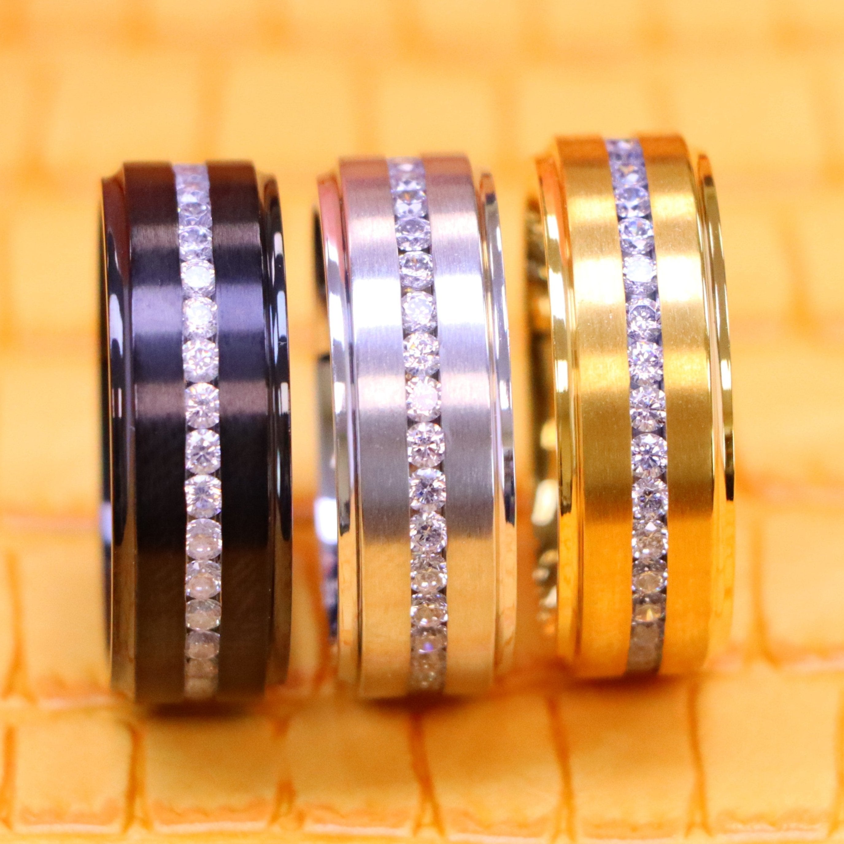 White IP /Yellow IP/Black IP Plated Titanium Ring with Brushed Center, Shiny Stepped Edge, and Eternity Style CZs