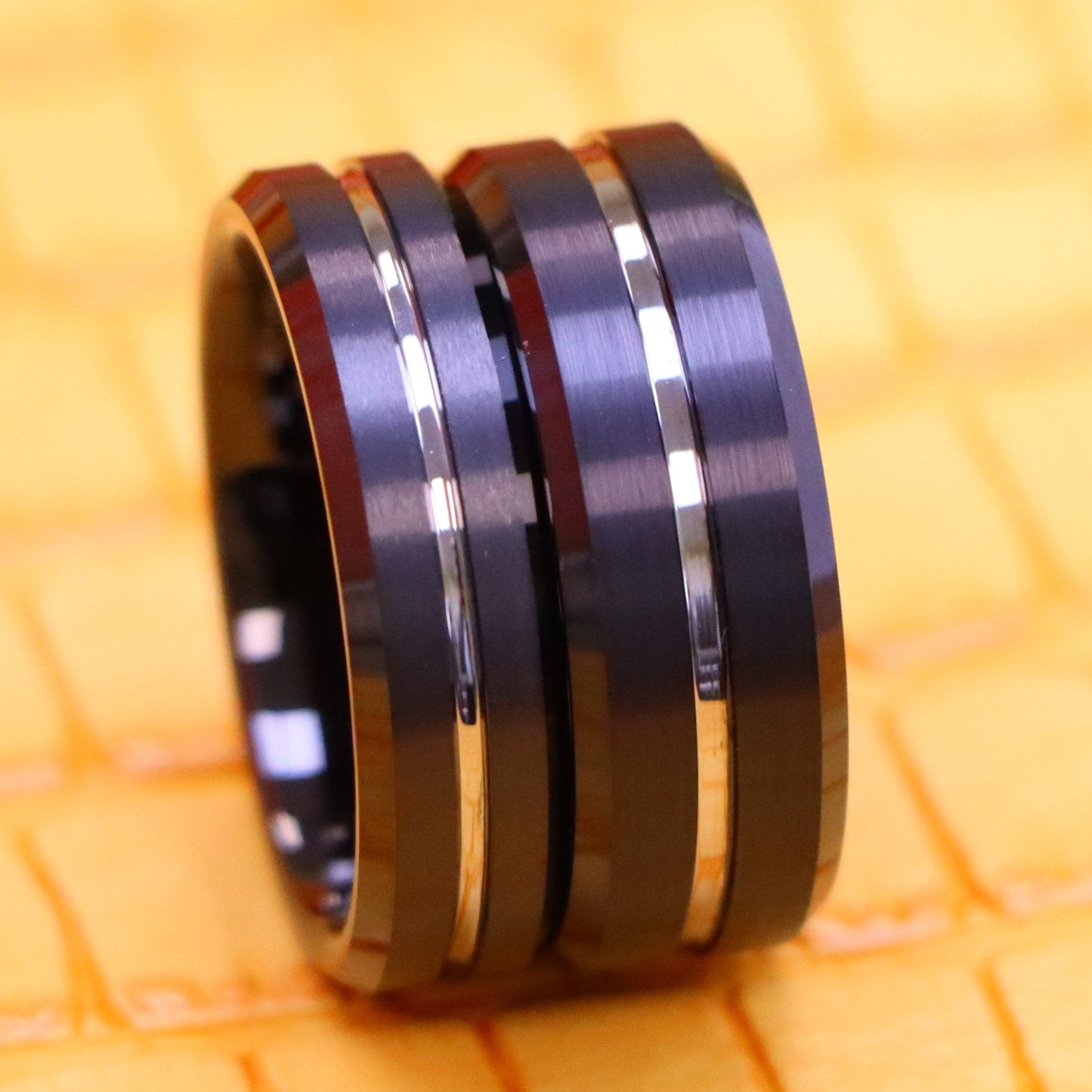 Black IP Brushed with Steel Color Grooved Center Beveled Edge Tungsten Ring