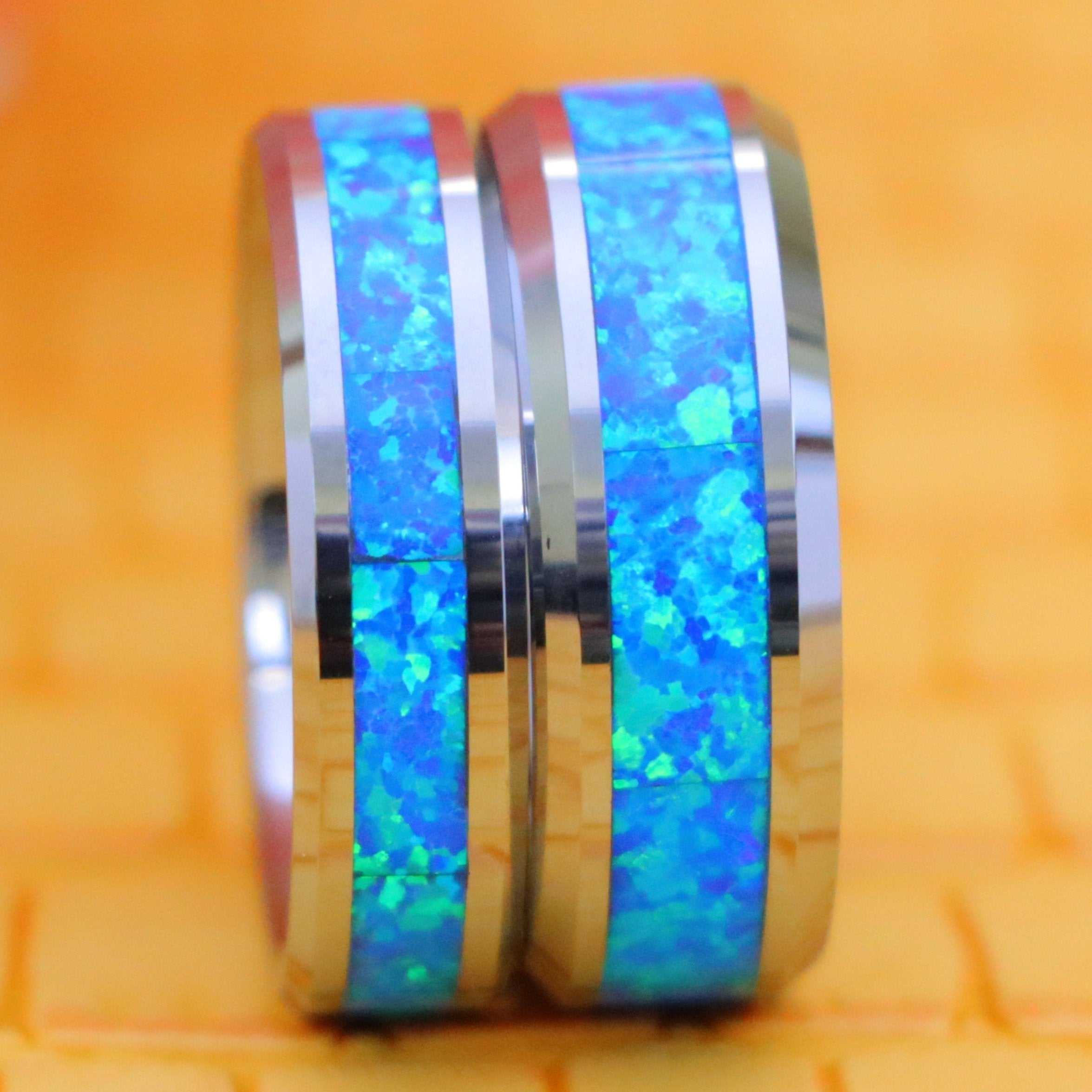 Synthetic Blue Green Opal Inlay Beveled Edge Tungsten Ring