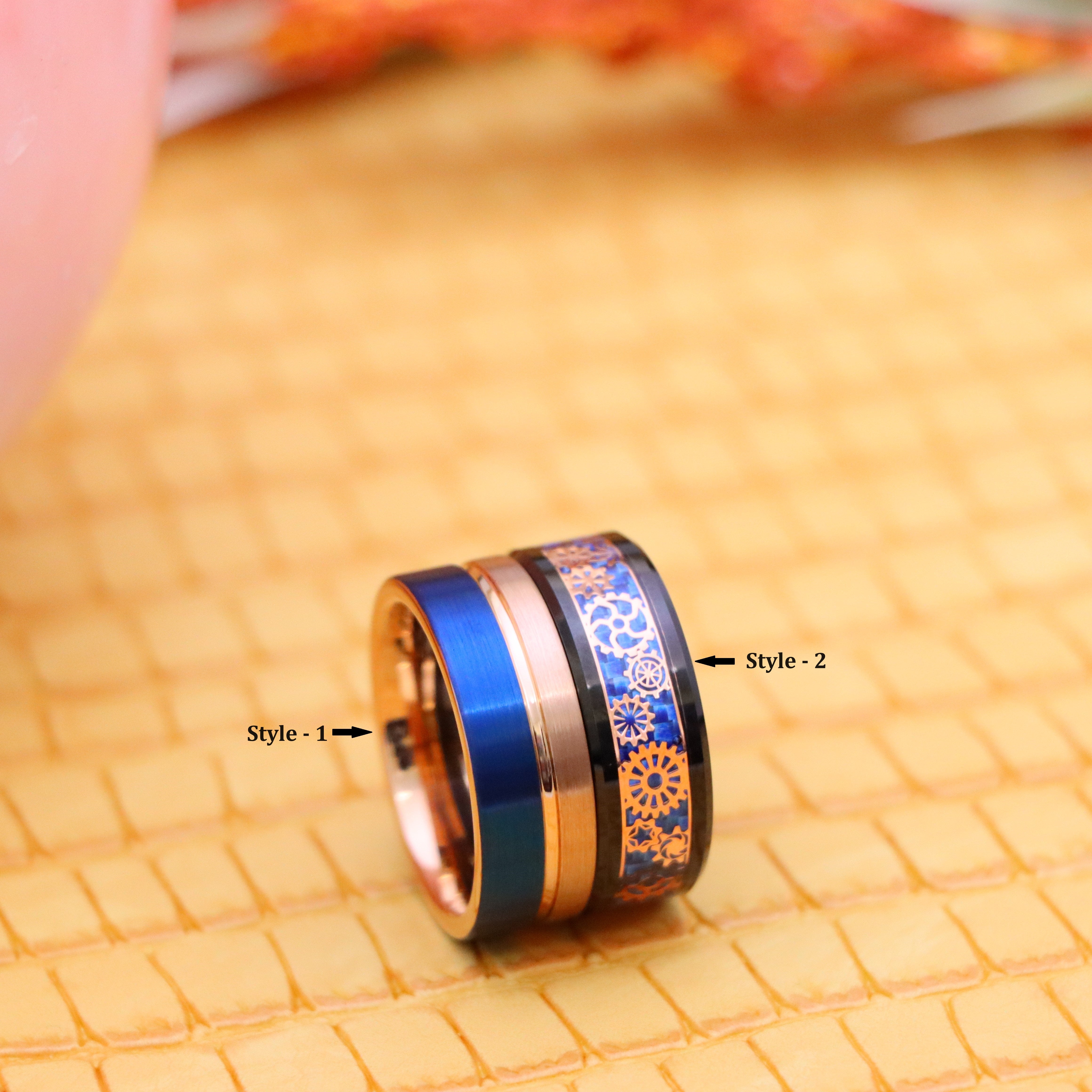 8mm Two-tone Rose &amp; Blue IP Split Pipe-cut/Black &amp; Rose Gold IP Plated Steampunk Gear over Blue Carbon Fiber Inlay Tungsten Ring - Men's Fashion Jewelry