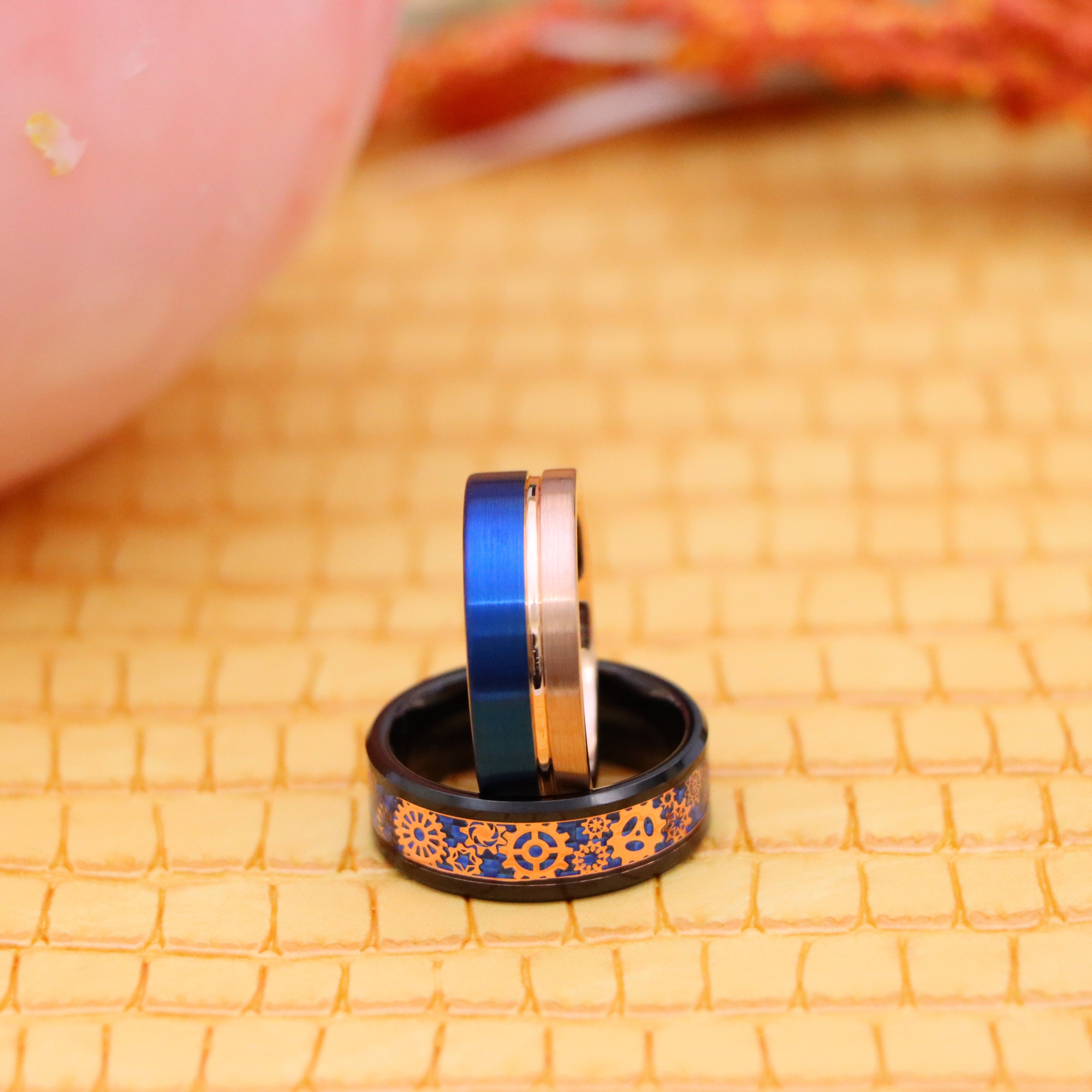 8mm Two-tone Rose &amp; Blue IP Split Pipe-cut/Black &amp; Rose Gold IP Plated Steampunk Gear over Blue Carbon Fiber Inlay Tungsten Ring - Men's Fashion Jewelry