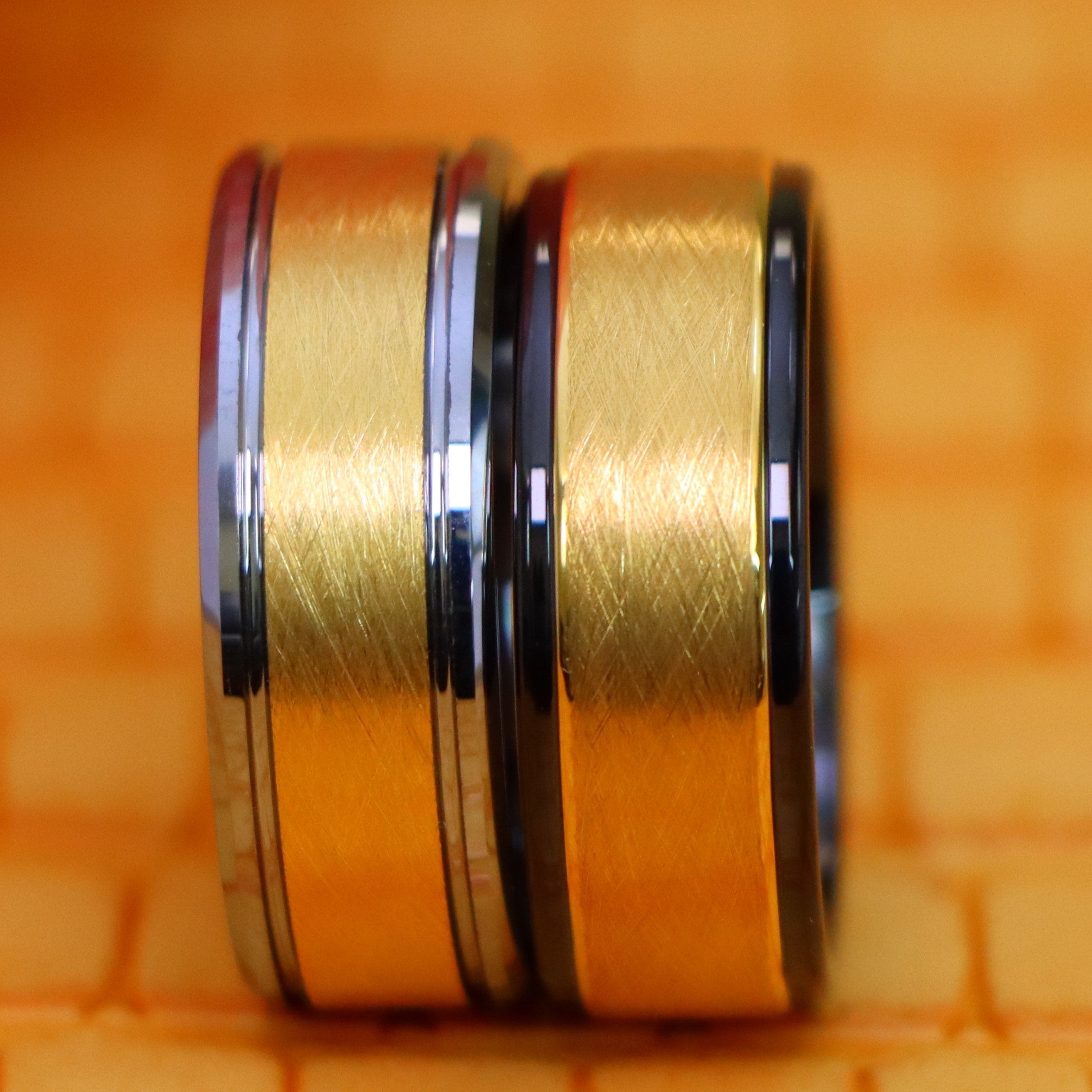 8mm Yellow Gold IP Plated Ice Finish Center Tungsten Ring with Stepped/Beveled Edge Ring