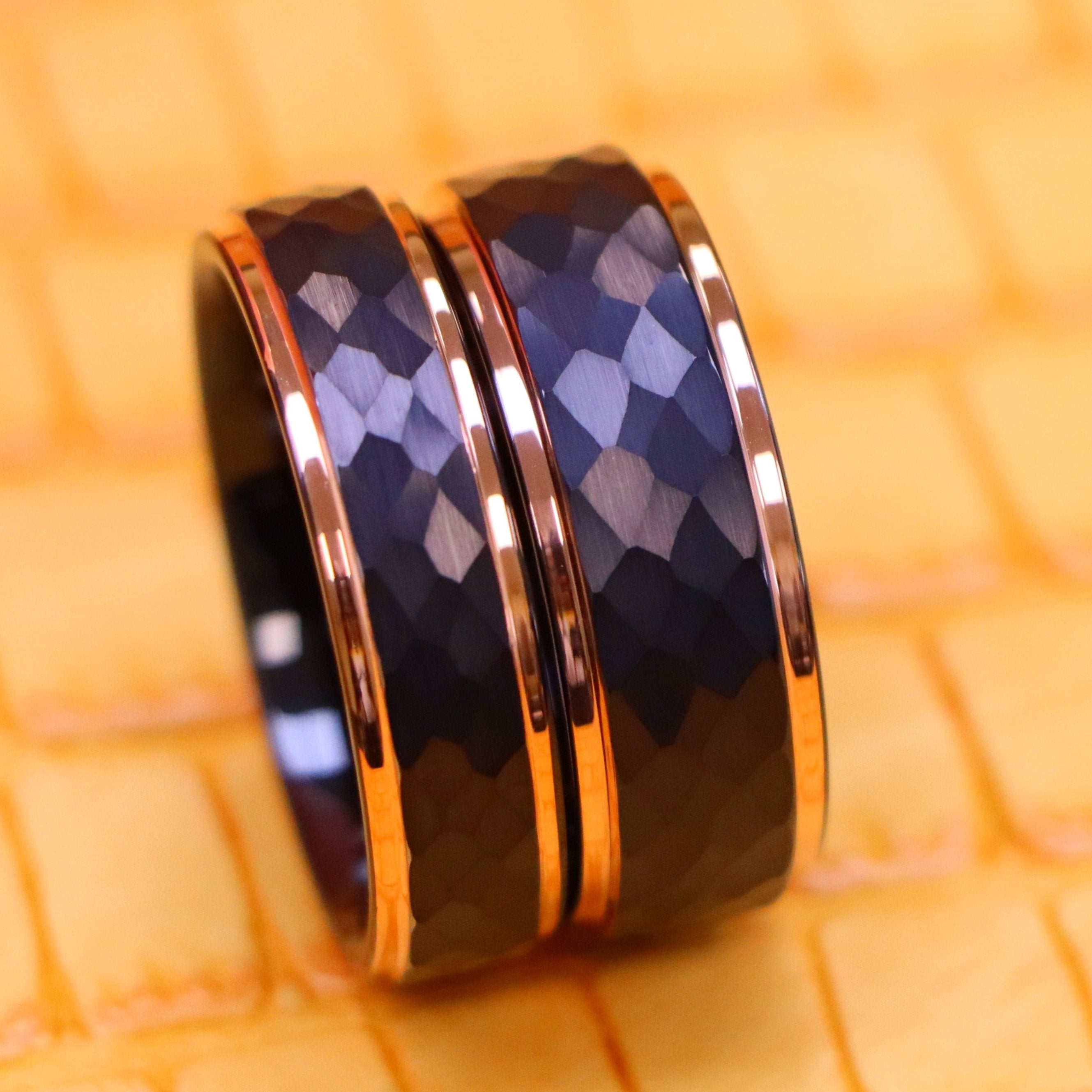 Two-Tone Black &amp; Rose Gold IP Plated Hammered Center Tungsten Ring