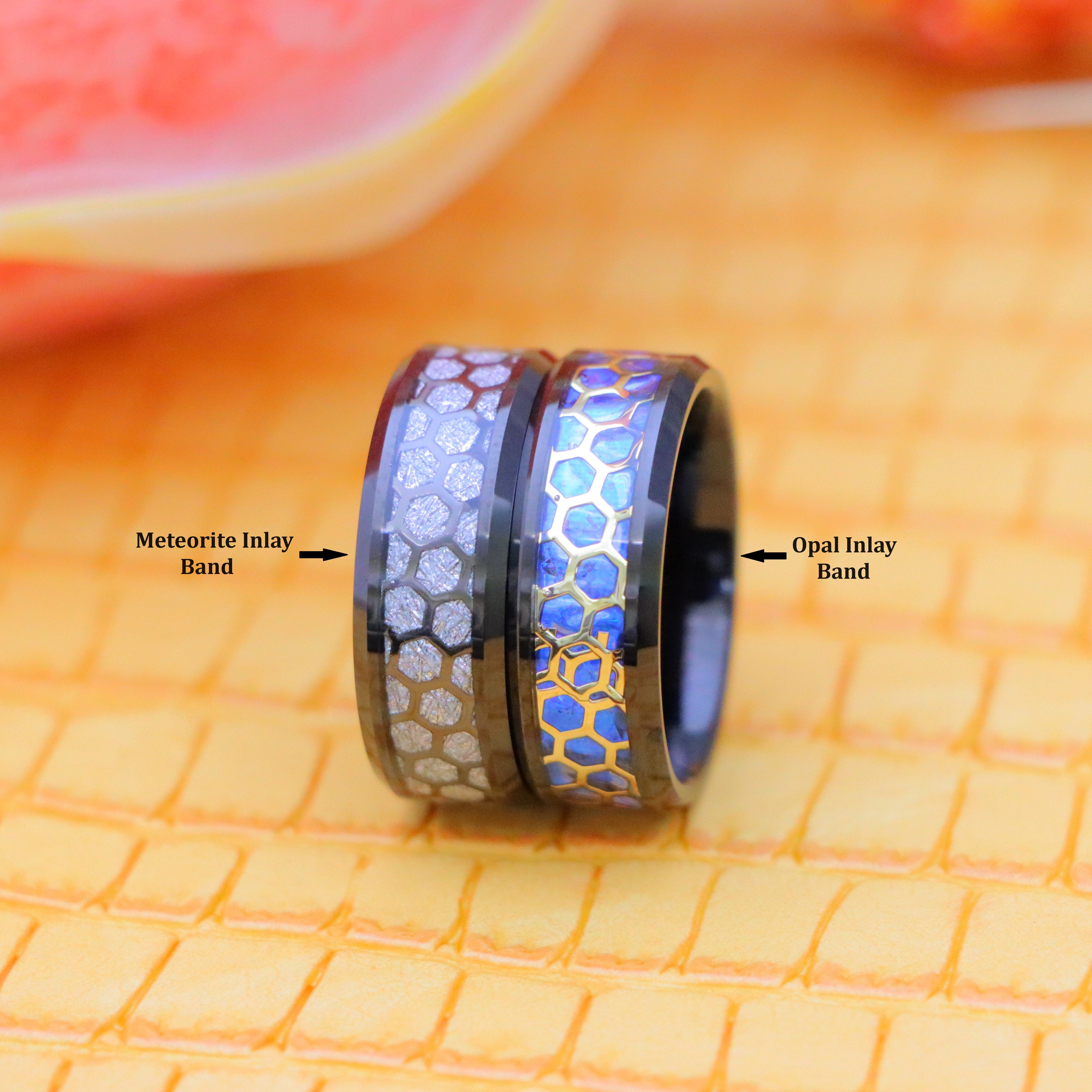 8mm Honeycomb Cut-out over Meteorite/Blue Opal Inlay Beveled Edge Tungsten Ring