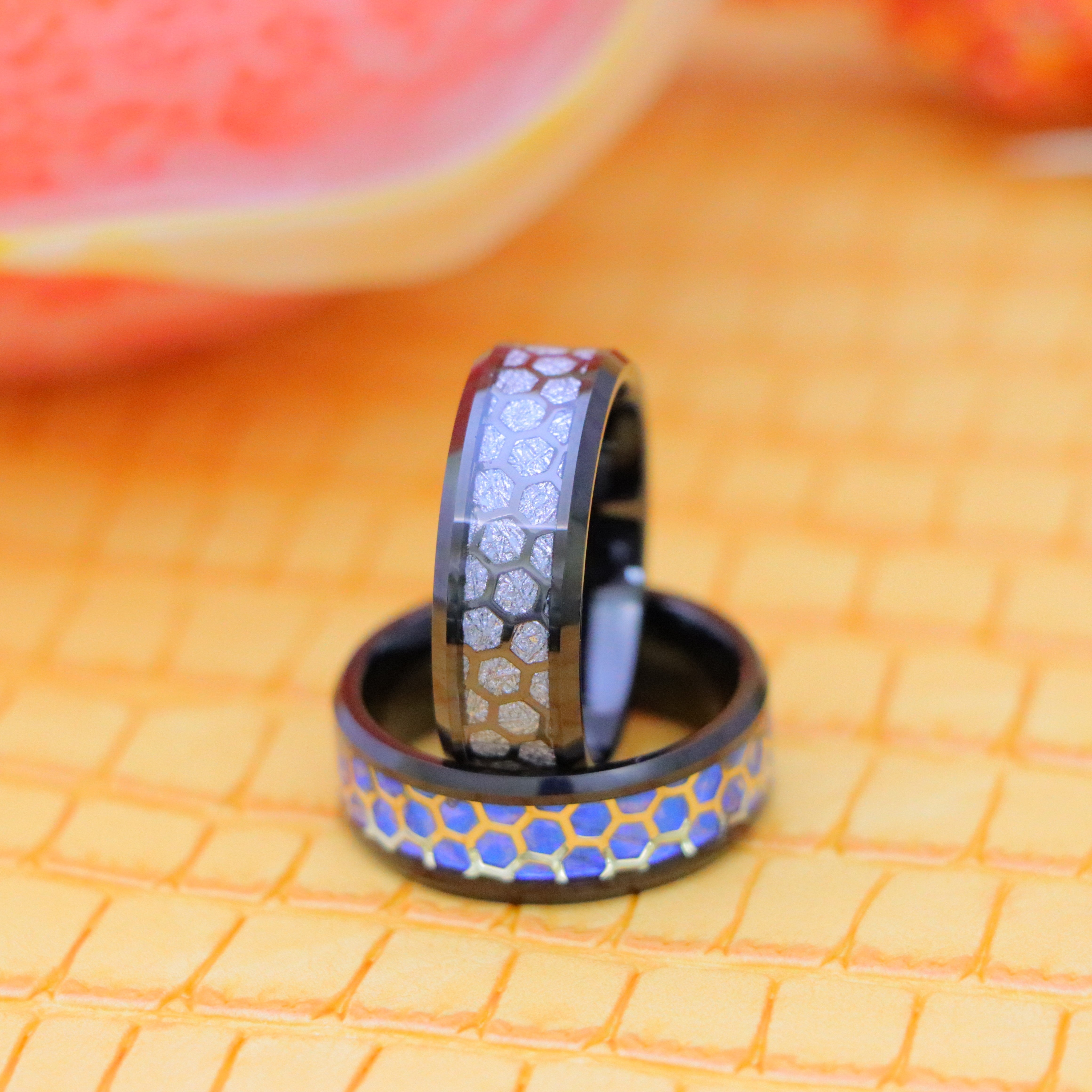 8mm Honeycomb Cut-out over Meteorite/Blue Opal Inlay Beveled Edge Tungsten Ring