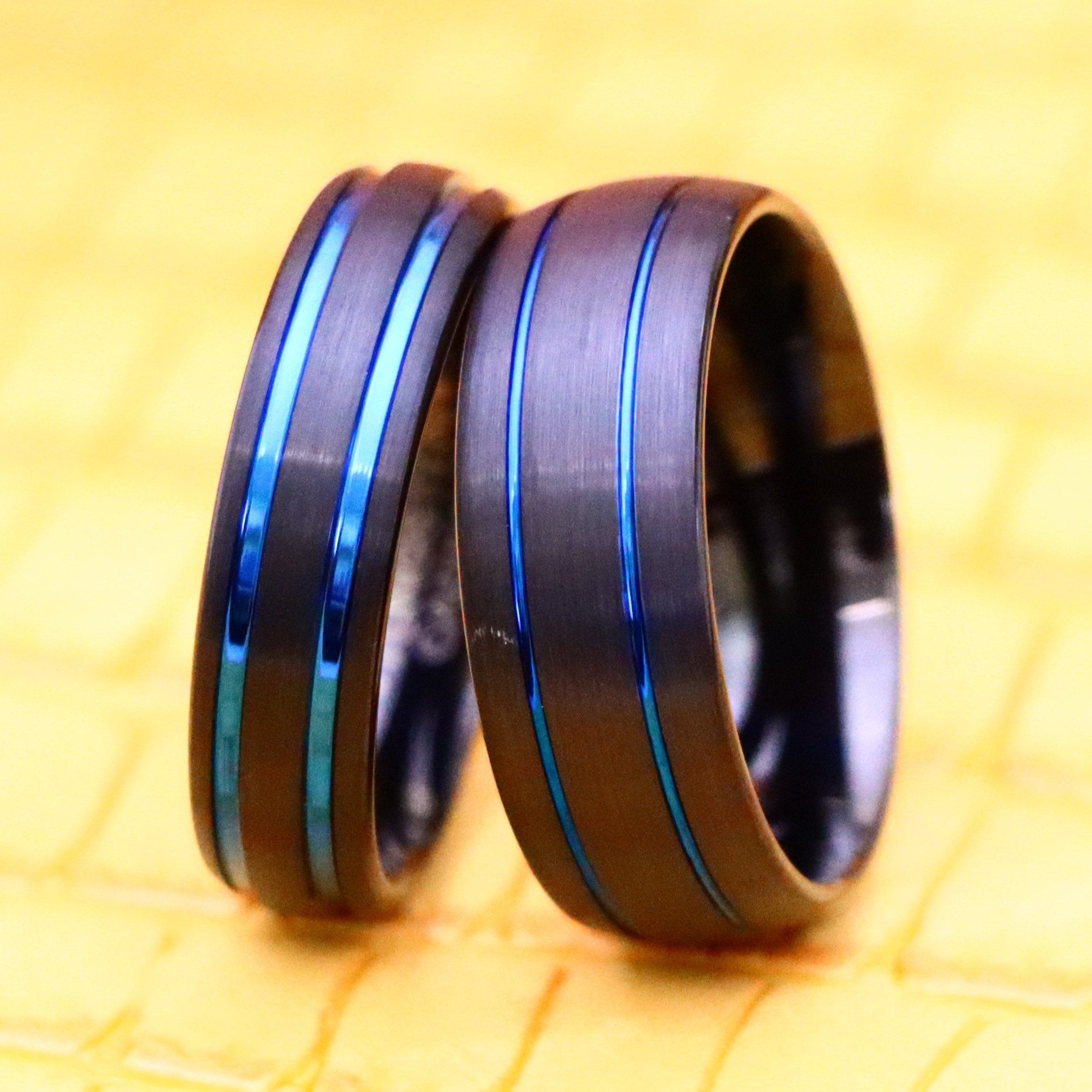 Dome Black IP Tungsten Ring with Two Blue IP Grooves