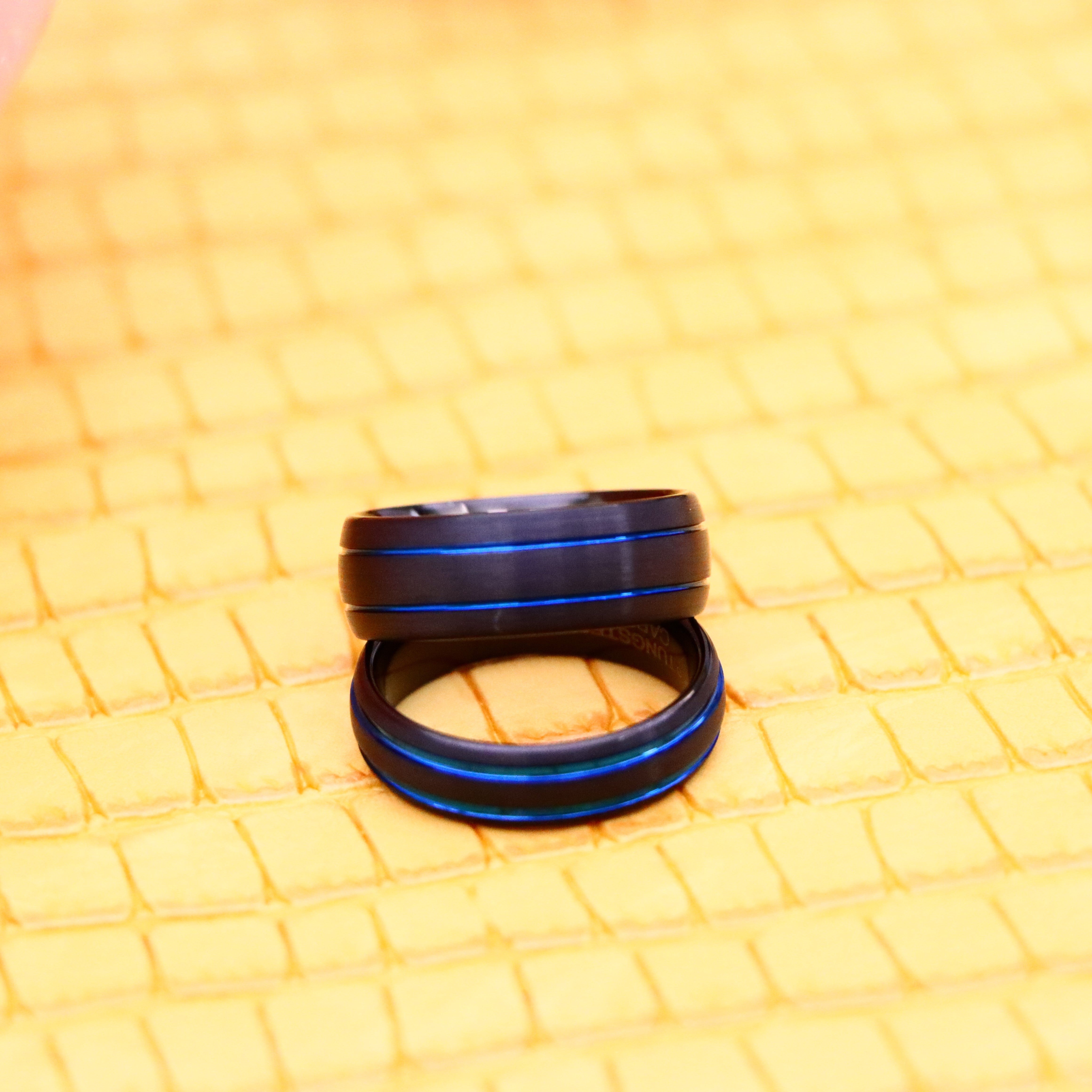 Dome Black IP Tungsten Ring with Two Blue IP Grooves